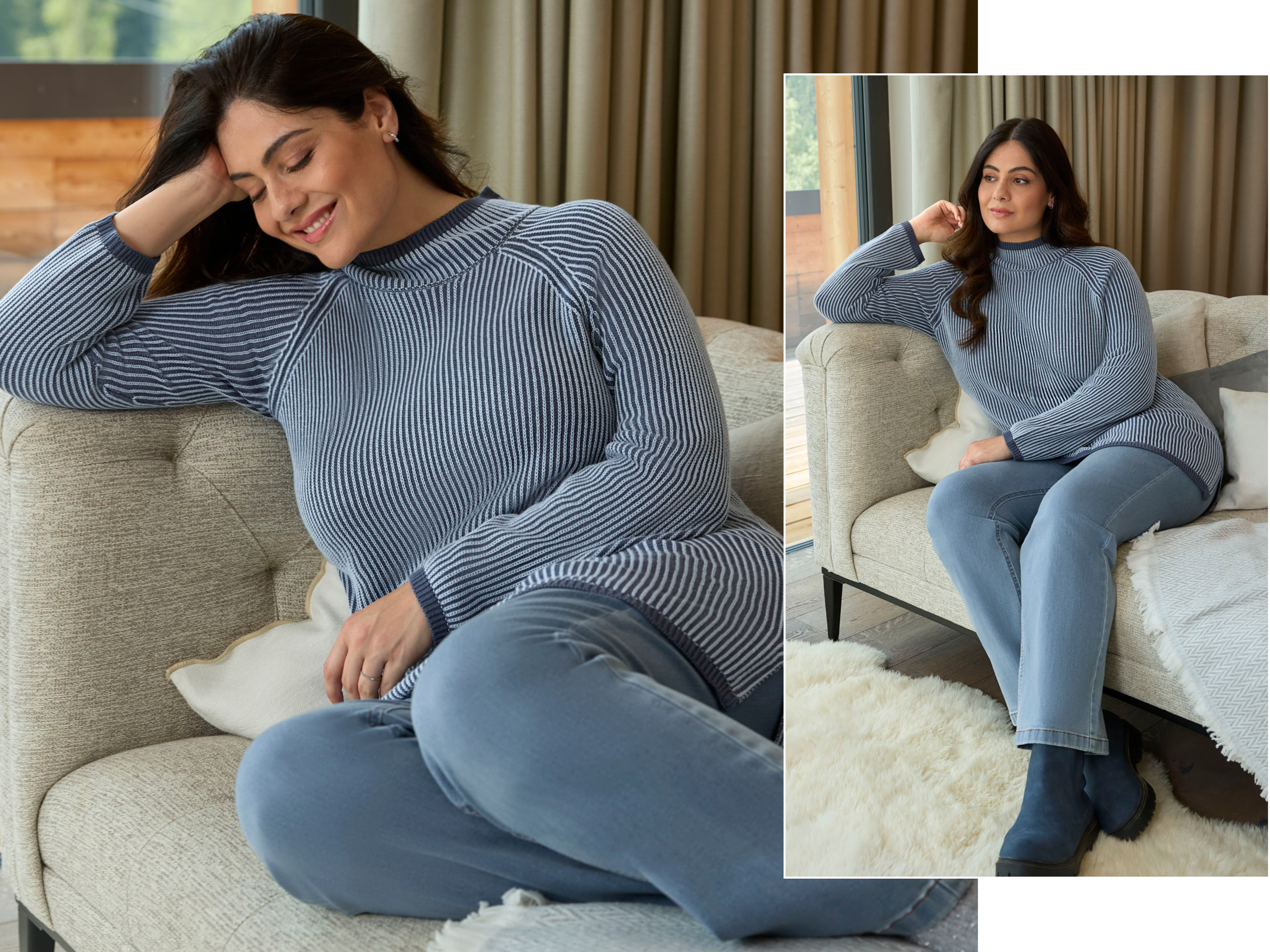 Ein Model trägt einen eisblau-rauchblauen Pullover und eine blue-bleached Jeans