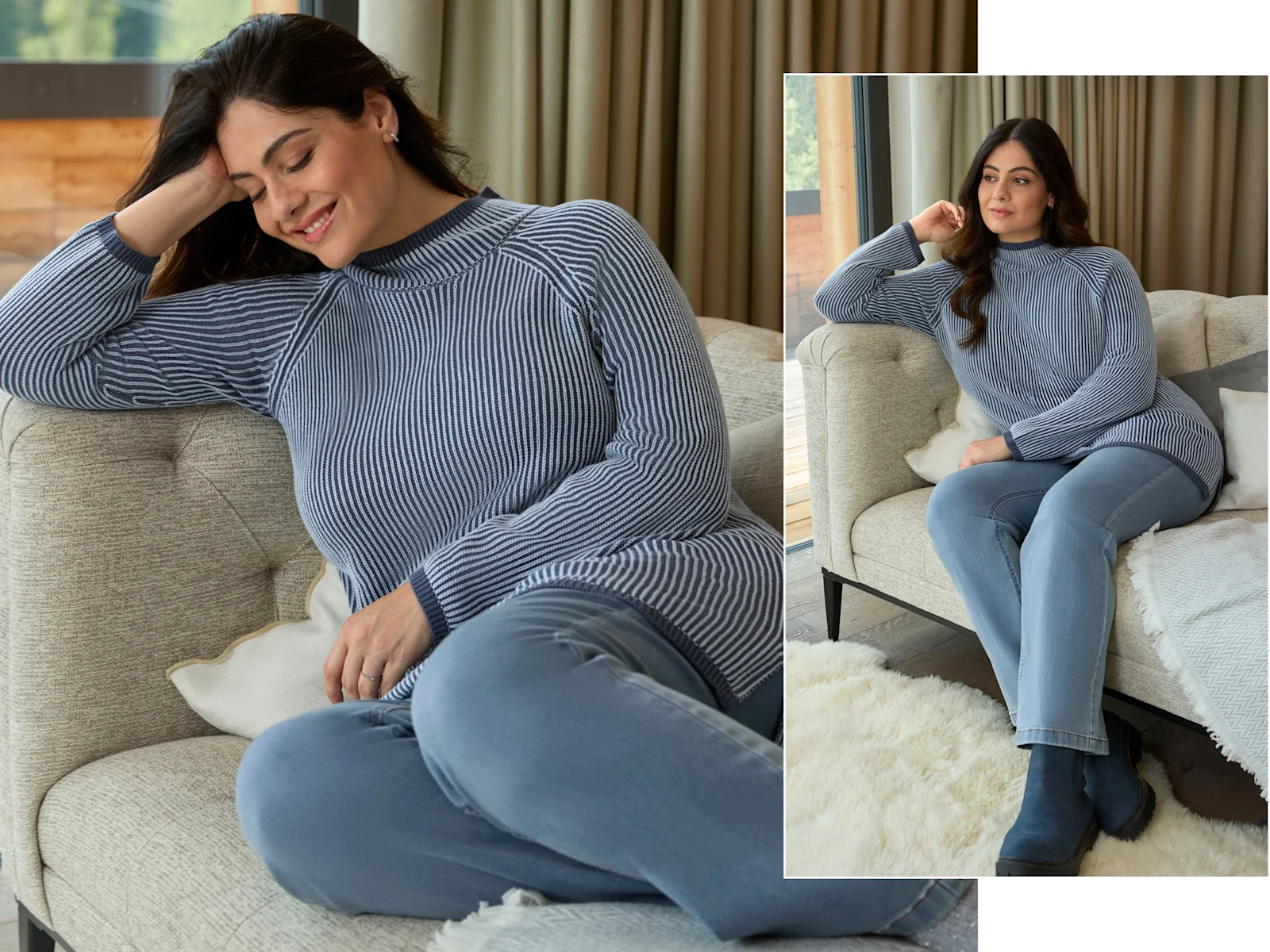 Ein Model trägt einen eisblau-rauchblauen Pullover und eine blue-bleached Jeans