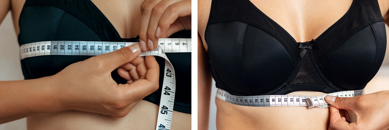 zwei Fotos zum Ausmessen der korrekten BH Größe für Cup-Größe und Unterbrust-Größe zwei Fotos zum Ausmessen der korrekten BH Größe für Cup-Größe und Unterbrust-Größe