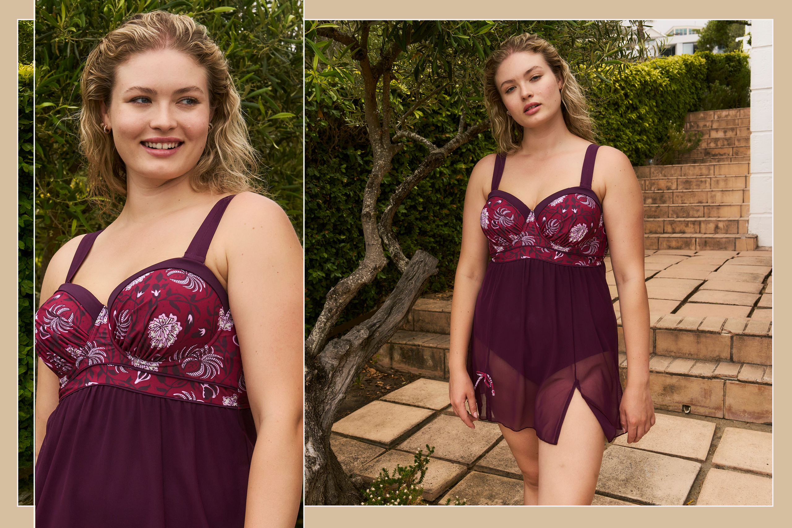 Model in dunkelrotem Badekleid mit floralem Muster im Oberteil