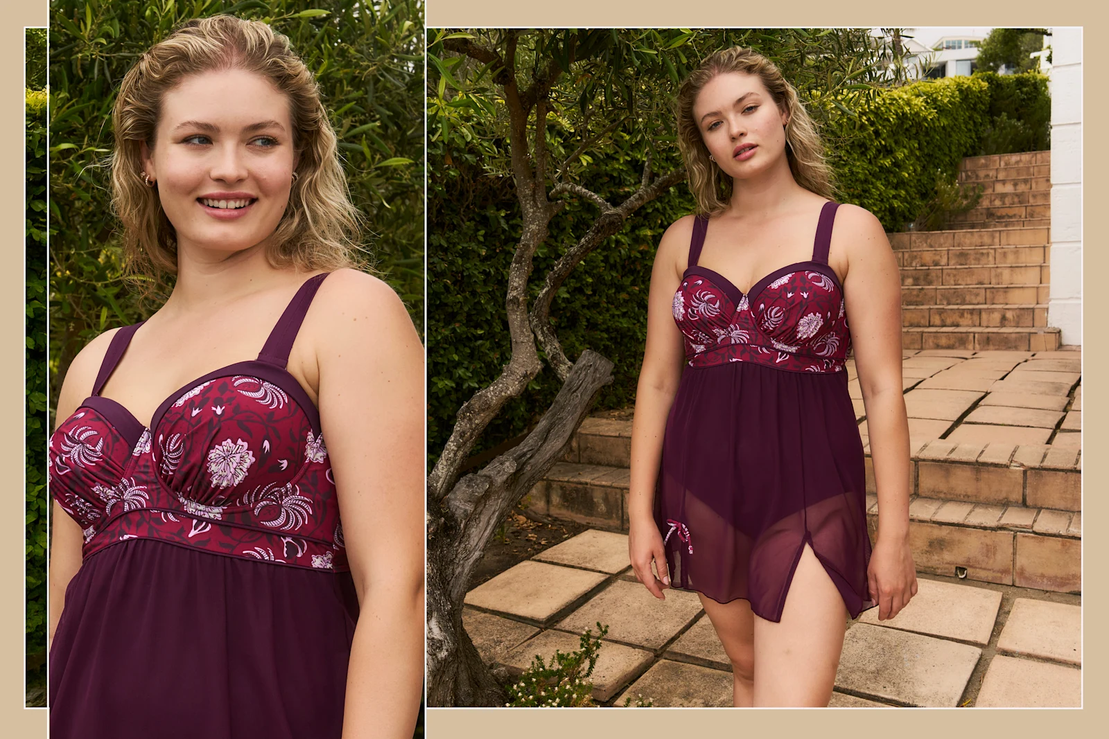 Model in dunkelrotem Badekleid mit floralem Muster im Oberteil