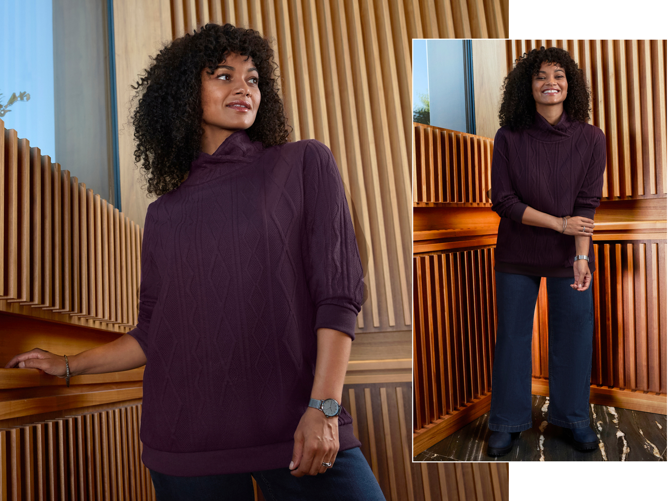Ein Model trägt einen aubergine farbenen Rollkragenpullover mit Stickereien am Ärmel und eine blue-stone-washed Jeans