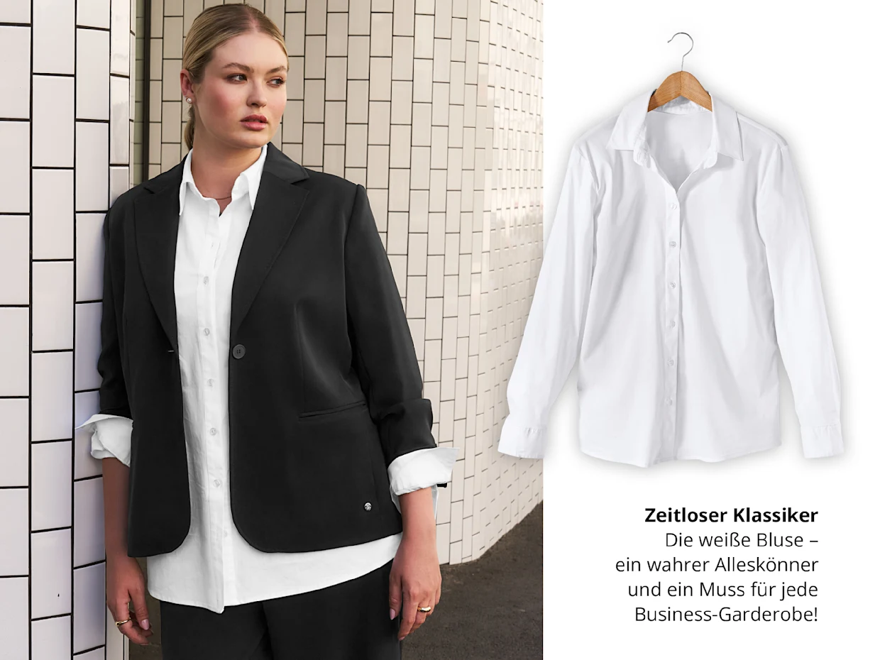 Ein Model steht an einer Wand mit weißen Kacheln, trägt einen schwarzen Blazer und eine weiße Bluse. Rechts ist die weiße Bluse einzeln dargestellt, zusammen mit folgendem Text: Zeitloser Klassiker. Die weiße Bluse – ein wahrer Alleskönner und ein Muss für jede Business-Garderobe! Ein Model steht an einer Wand mit weißen Kacheln, trägt einen schwarzen Blazer und eine weiße Bluse. Rechts ist die weiße Bluse einzeln dargestellt, zusammen mit folgendem Text: Zeitloser Klassiker. Die weiße Bluse – ein wahrer Alleskönner und ein Muss für jede Business-Garderobe!