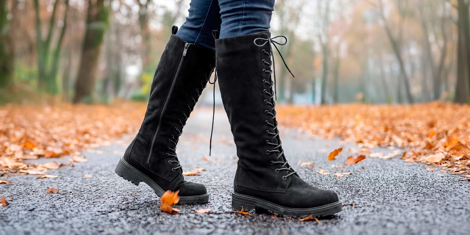 Die Abbildung zeigt schwarze Schnürstiefel in Wildleder-Optik in herbstlicher Umgebung