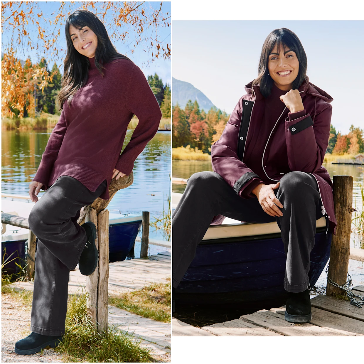 Model mit auberginefarbener Jacke über gleichfarbigem Pulli und schwarzer Wide-Leg-Jeans Model mit auberginefarbener Jacke über gleichfarbigem Pulli und schwarzer Wide-Leg-Jeans