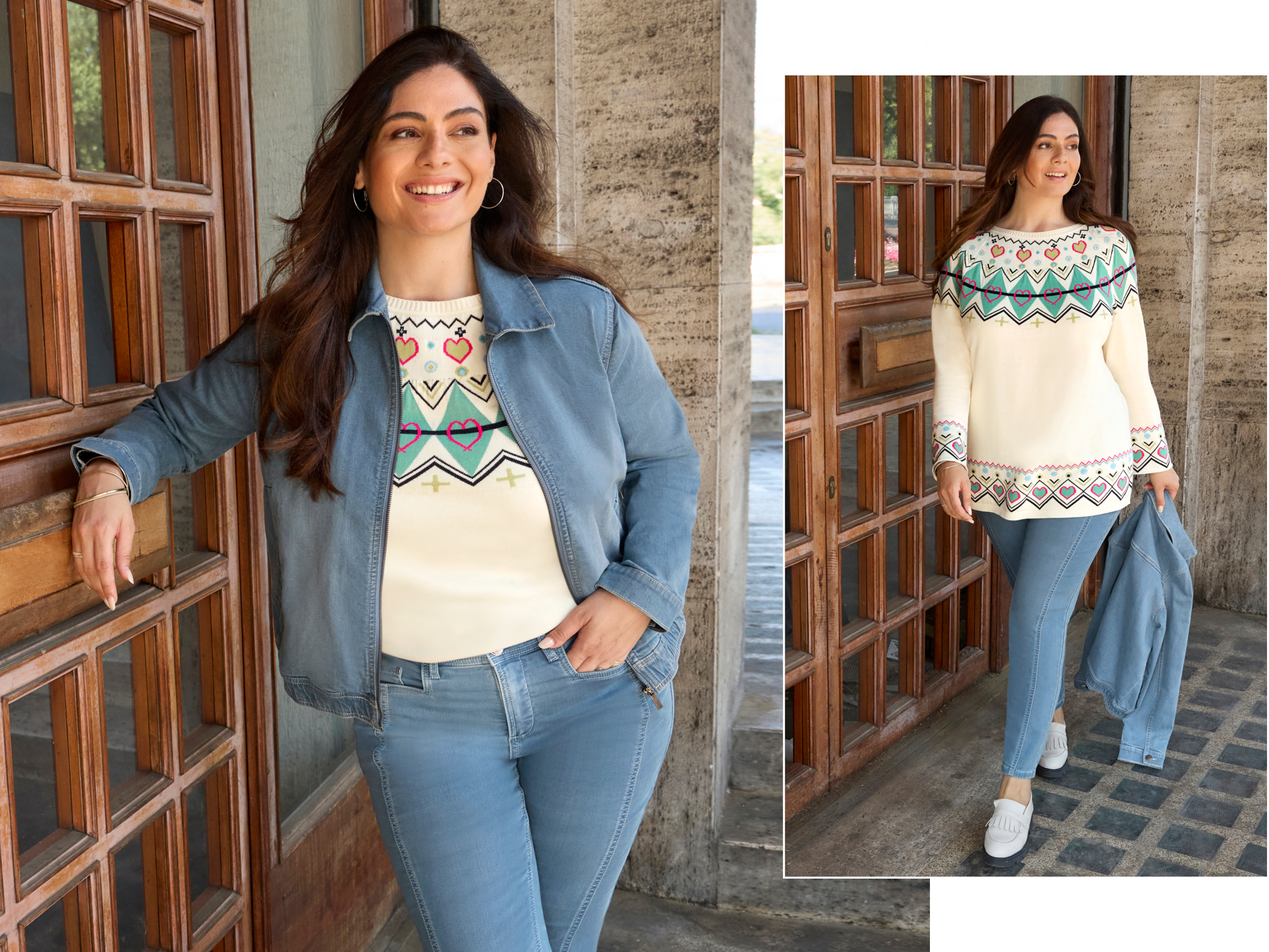 Ein Model trägt eine blue-bleached​ Jeansjacke, einen champagner-salbei-gemusterten Pullover und eine blue-bleached​​-Sweat-Jeans​