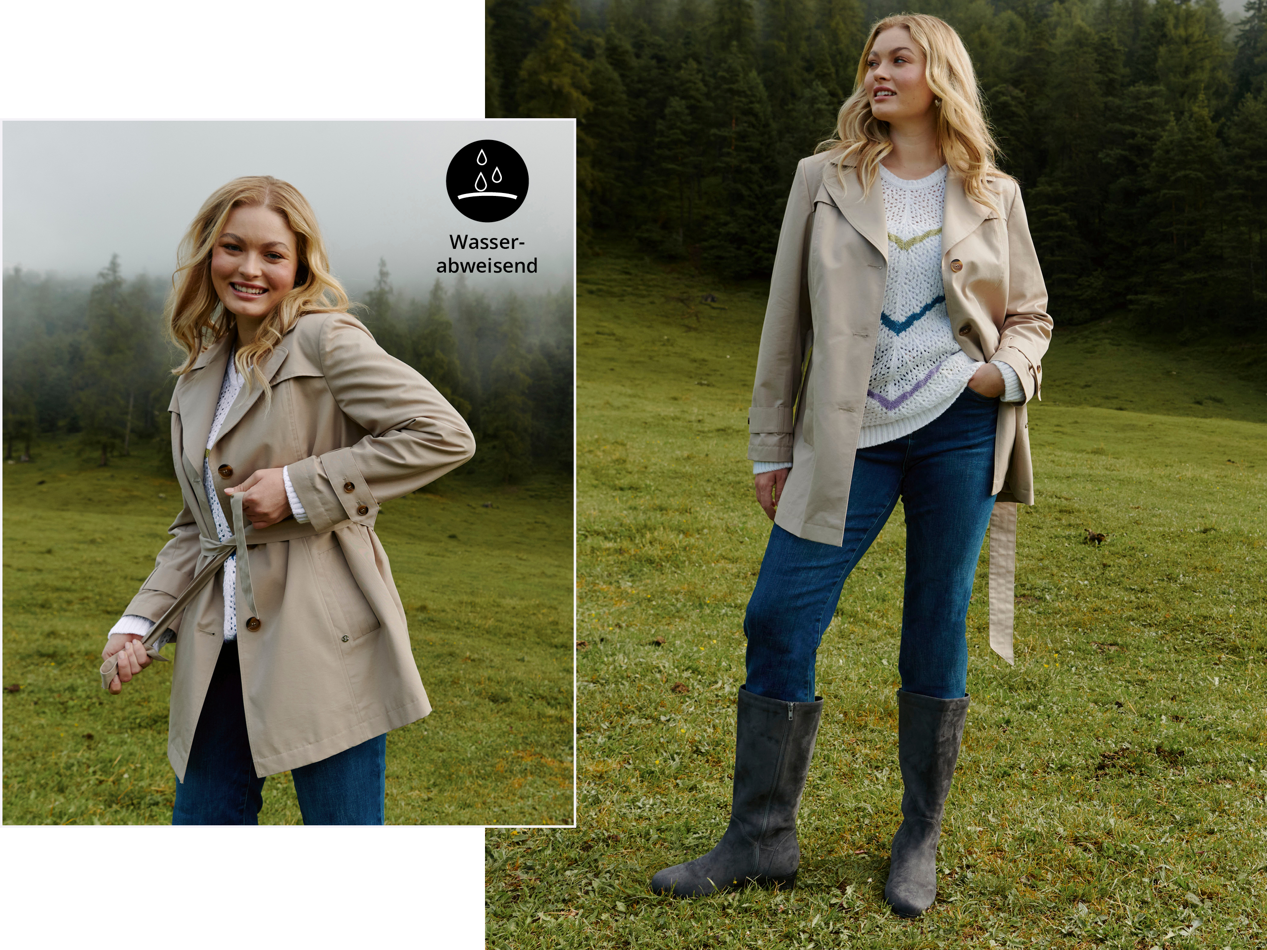 Zwei Abbildungen eines Models, sie steht auf einer grünen Wiese vor einem Wald und trägt einen hellbeigen, wasserabweisenden Trenchcoat, einen hellen Pullover mit Muster, blaue Jeans und graue Stiefel. Zusätzlich ist eine Vignette abgebildet, die das wasserabweisende Material darstellt. Darunter das Wort wasserabweisend.