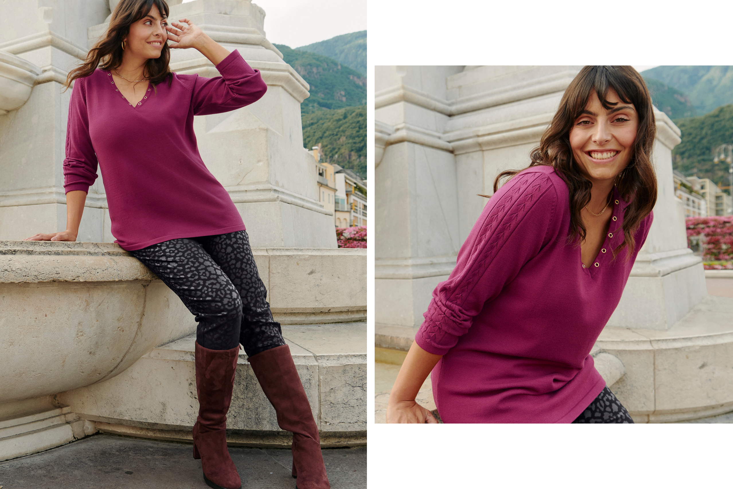 Model mit dunkelrotem Pullover mit Nieten am Ausschnitt und bedruckter schwarzer Glanzhose