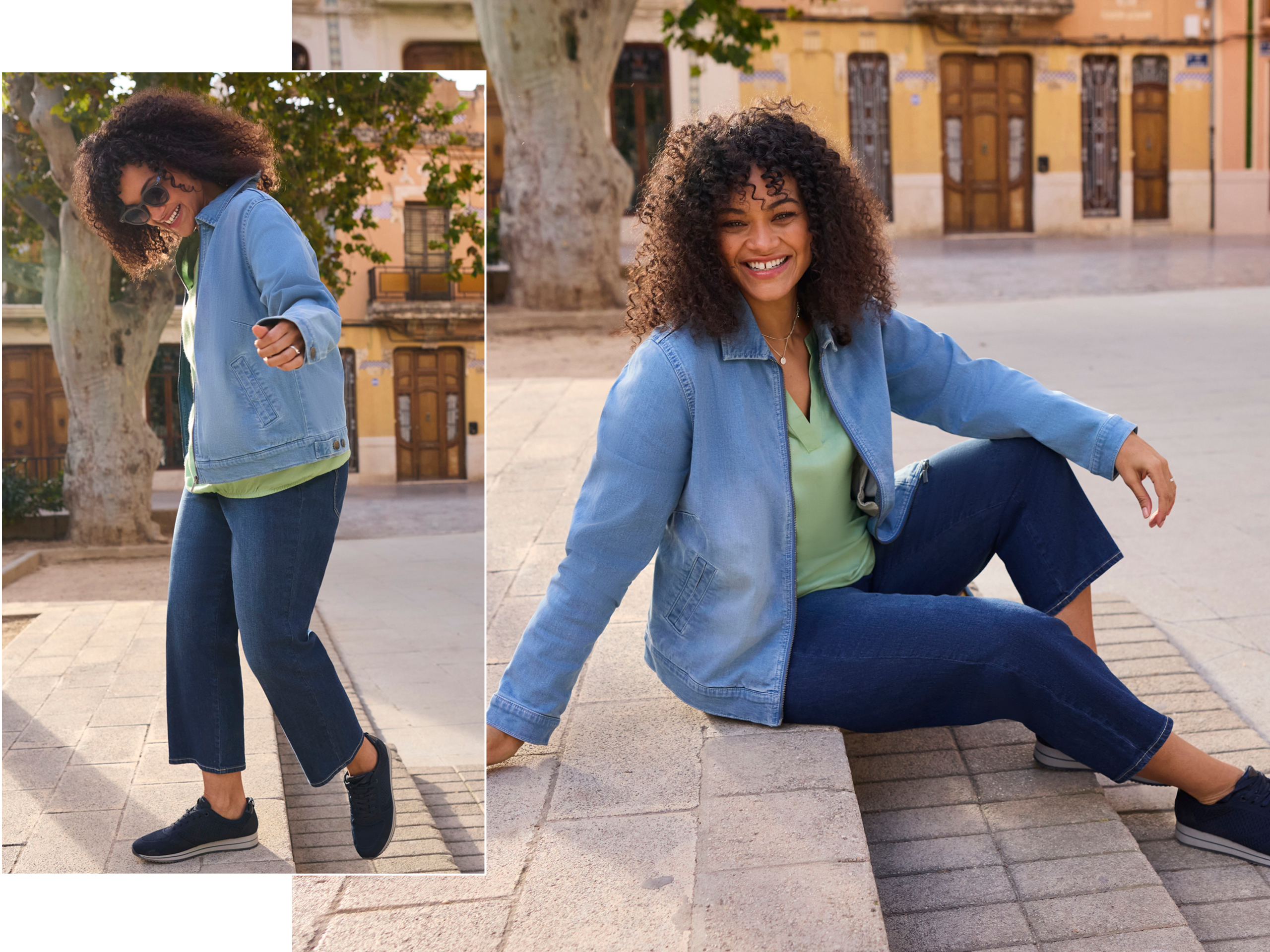 Ein Model in einer frühlingshaften City-Atmosphäre, sie trägt eine eucalyptus-fabene Bluse, eine verkürzt-geschnittenene Jeans in dark blue und eine blue bleached Jeansjacke.