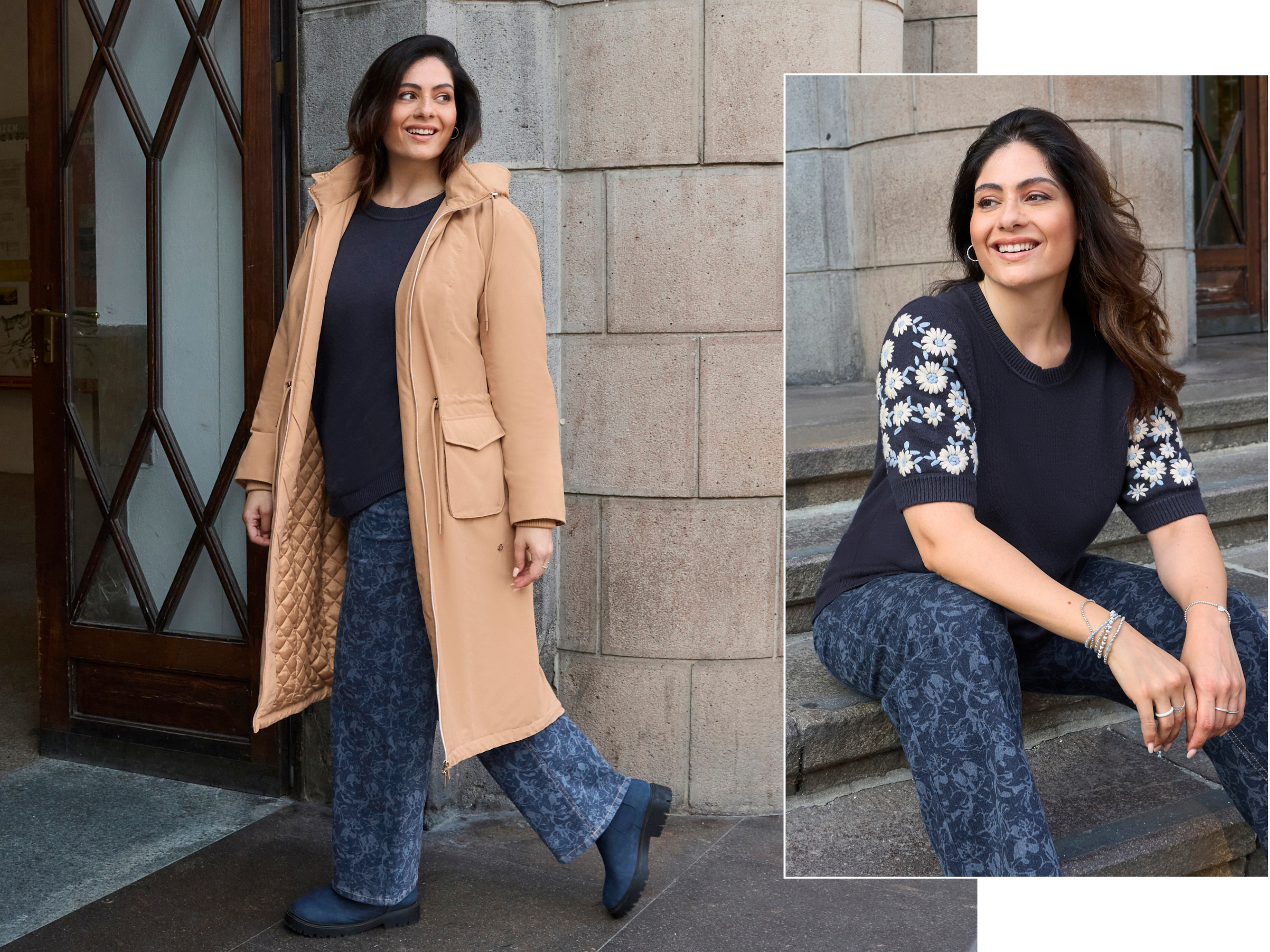 Ein Model trägt einen camelfarbenen Mantel, einen tiefblau-ecru farbenen Pullover mit weißen Blütenstickereien am Ärmel und eine dark blue-gemustert Jeans mit weitem Bein.