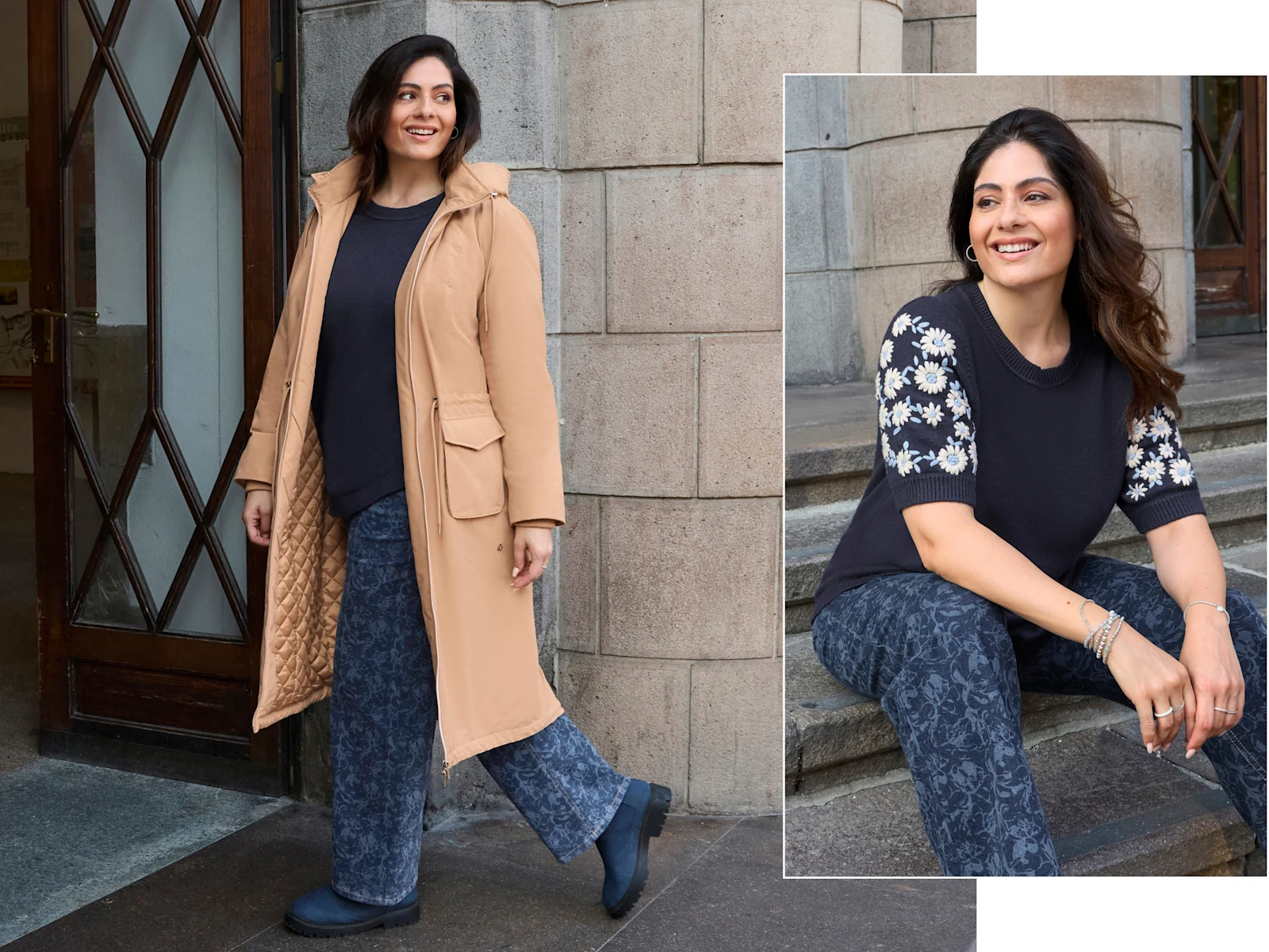 Ein Model trägt einen camelfarbenen Mantel, einen tiefblau-ecru farbenen Pullover mit weißen Blütenstickereien am Ärmel und eine dark blue-gemustert Jeans mit weitem Bein.