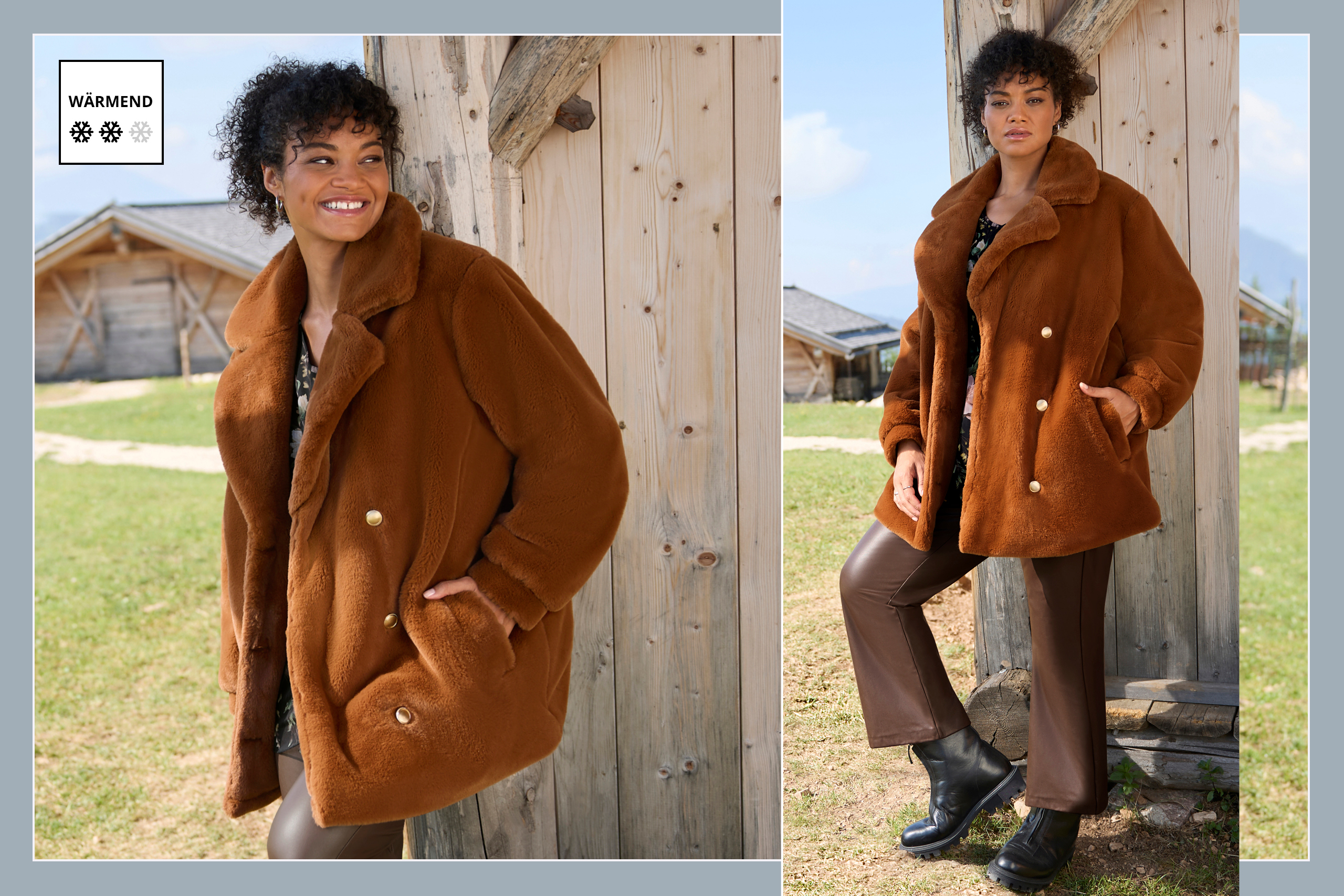 Ein Model trägt eine cognac farbene Plüschjacke, eine schwarz-rosenholz-bedruckt Tunika und eine schoko farbene Lederimitat-Hose. Daneben eine Vignette mit 2 Schneeflocken: Wärmend.