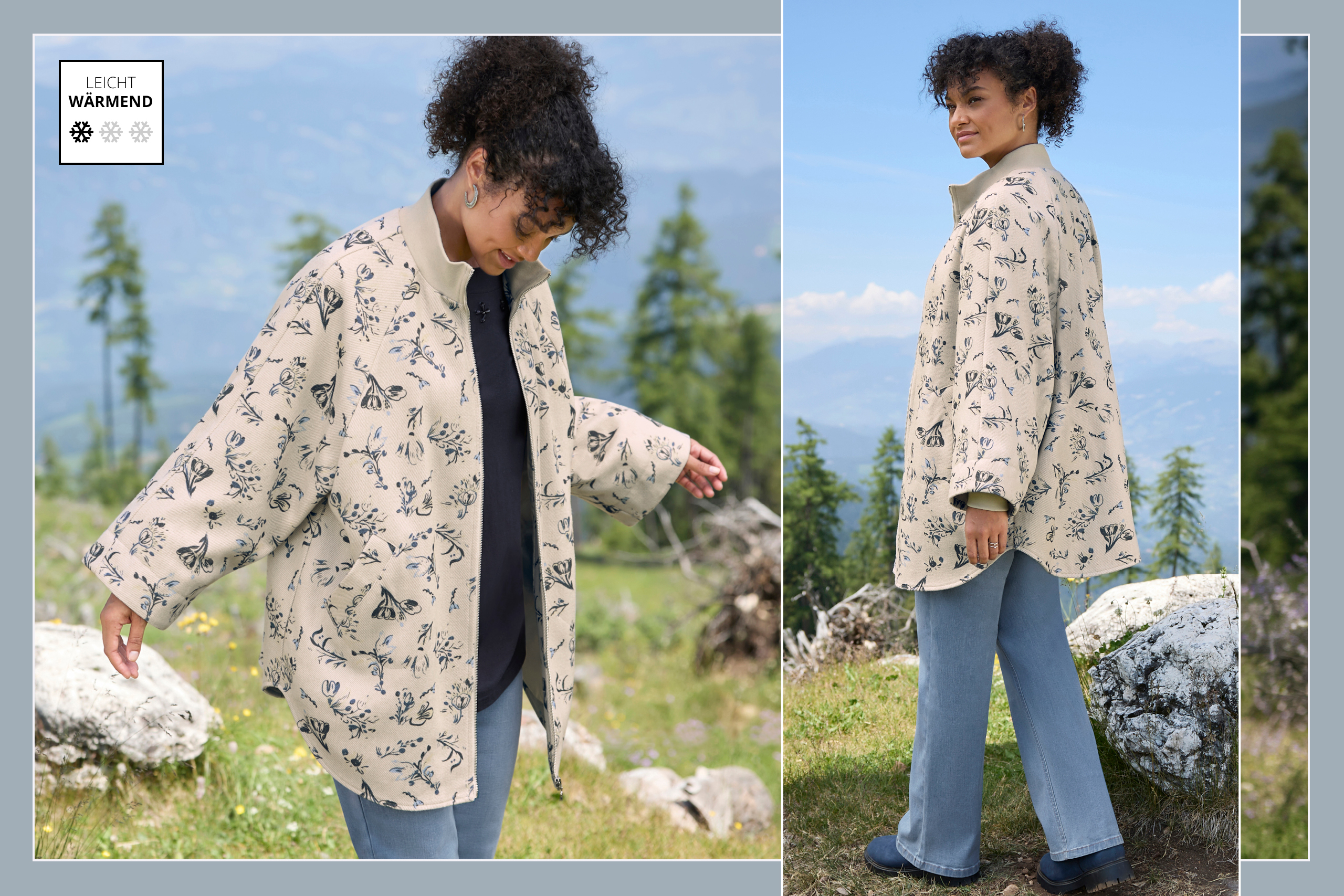 Ein Model trägt eine champagner-rauchblau-gemusterte Cape-Jacke, ein tiefblaues Shirt und blue-bleached Jeans