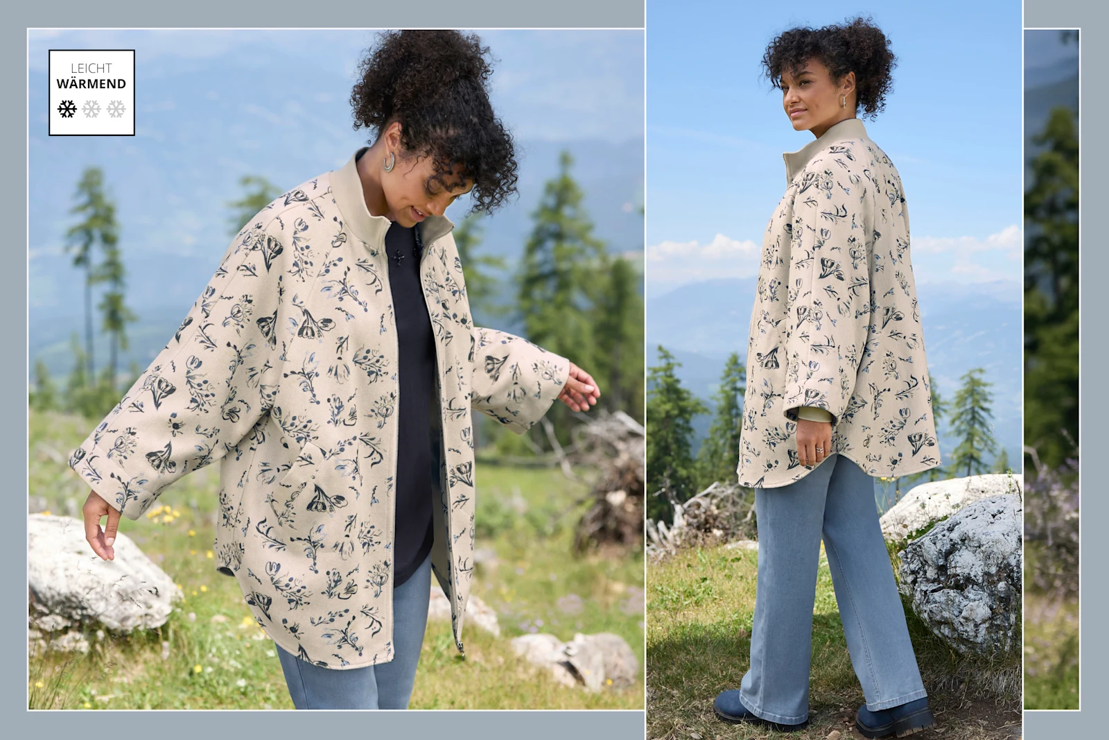 Ein Model trägt eine champagner-rauchblau-gemusterte Cape-Jacke, ein tiefblaues Shirt und blue-bleached Jeans