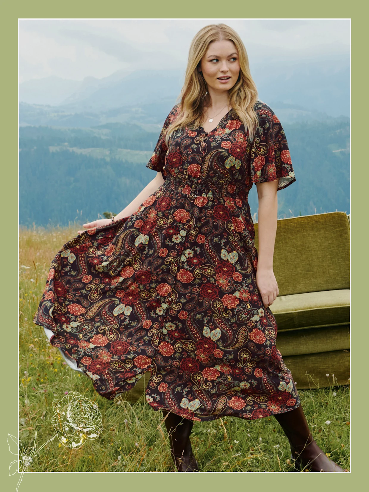 Model in herbstlich bedrucktem Blumenkleid