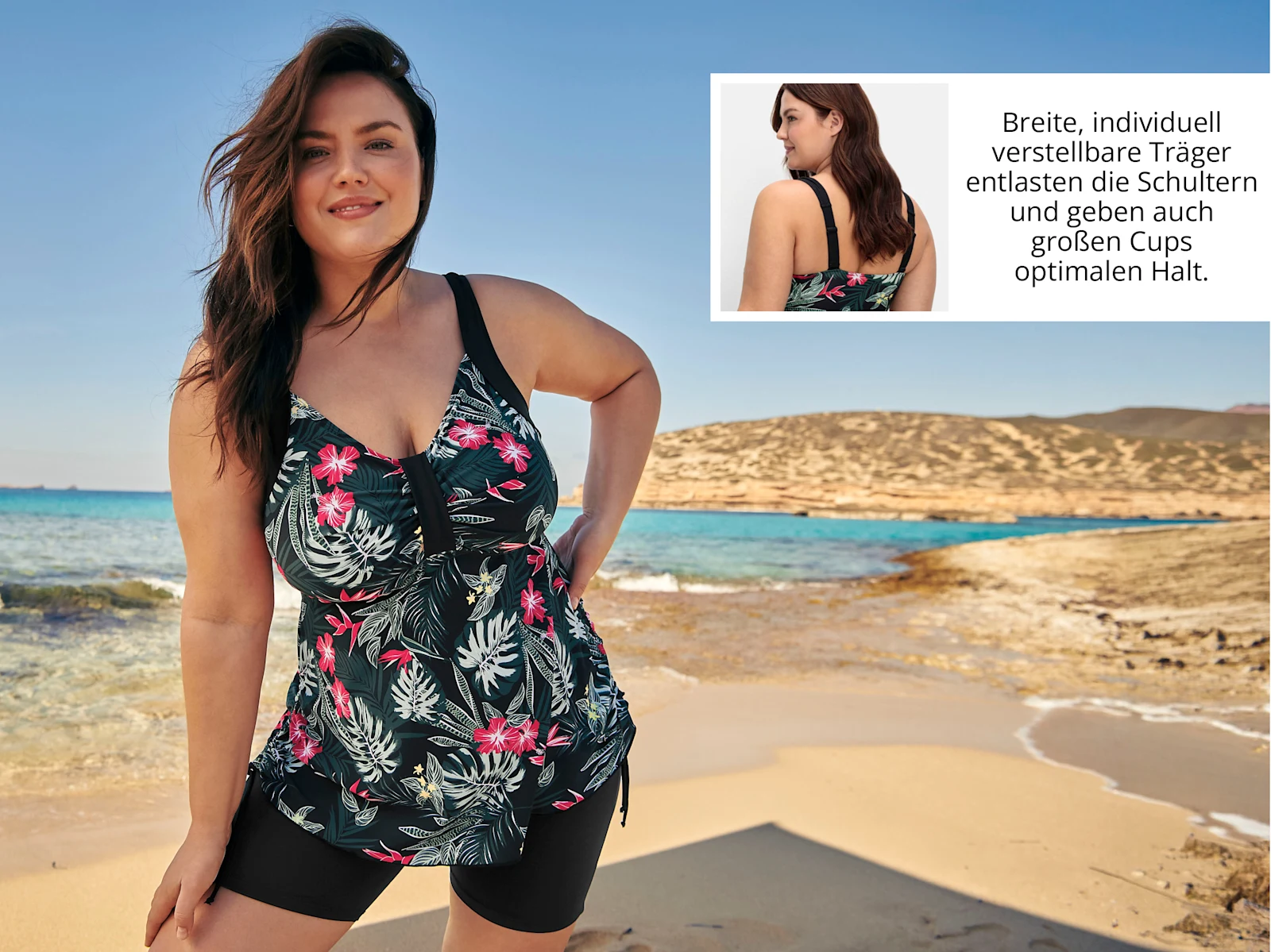 Model im Tankini mit Text: Breite, individuell verstellbare Träger entlasten die Schultern und geben auch großen Cups optimalen Halt.