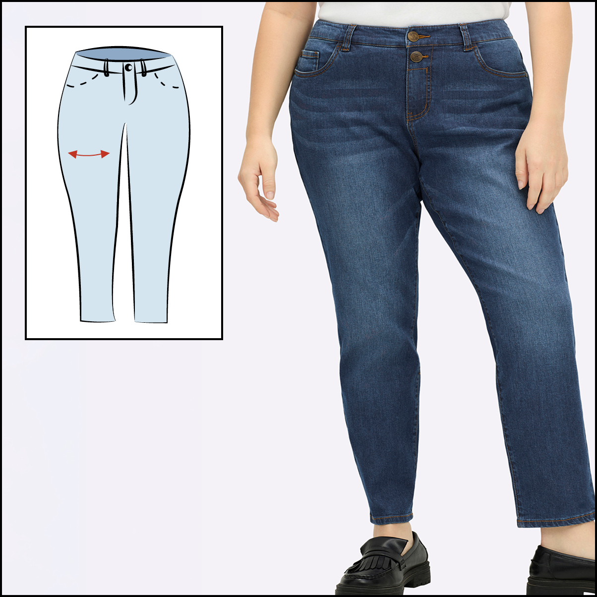 die Jeansform Pia angezogen und als kleines Piktogramm, das den Schnitt zeigt