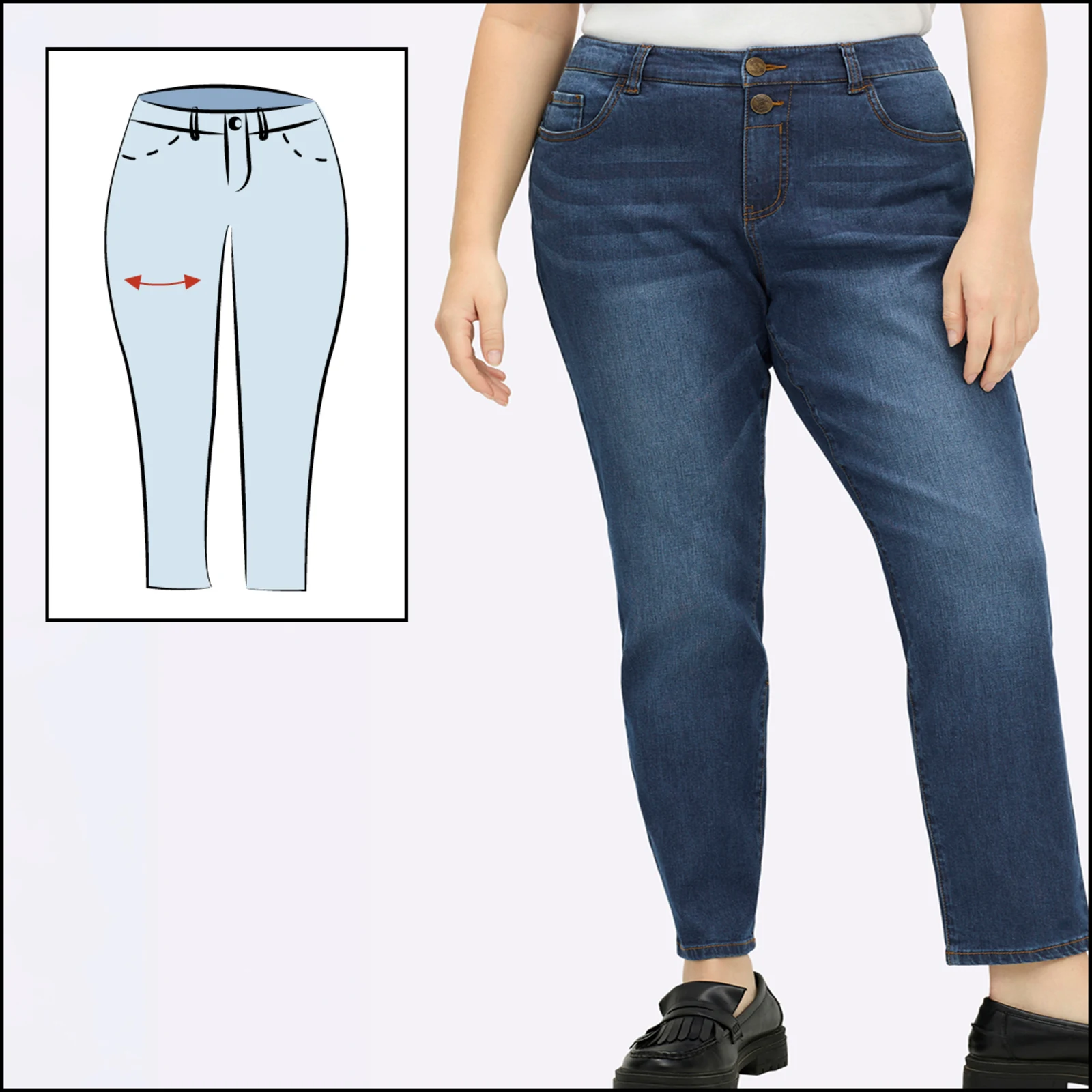 die Jeansform Pia angezogen und als kleines Piktogramm, das den Schnitt zeigt