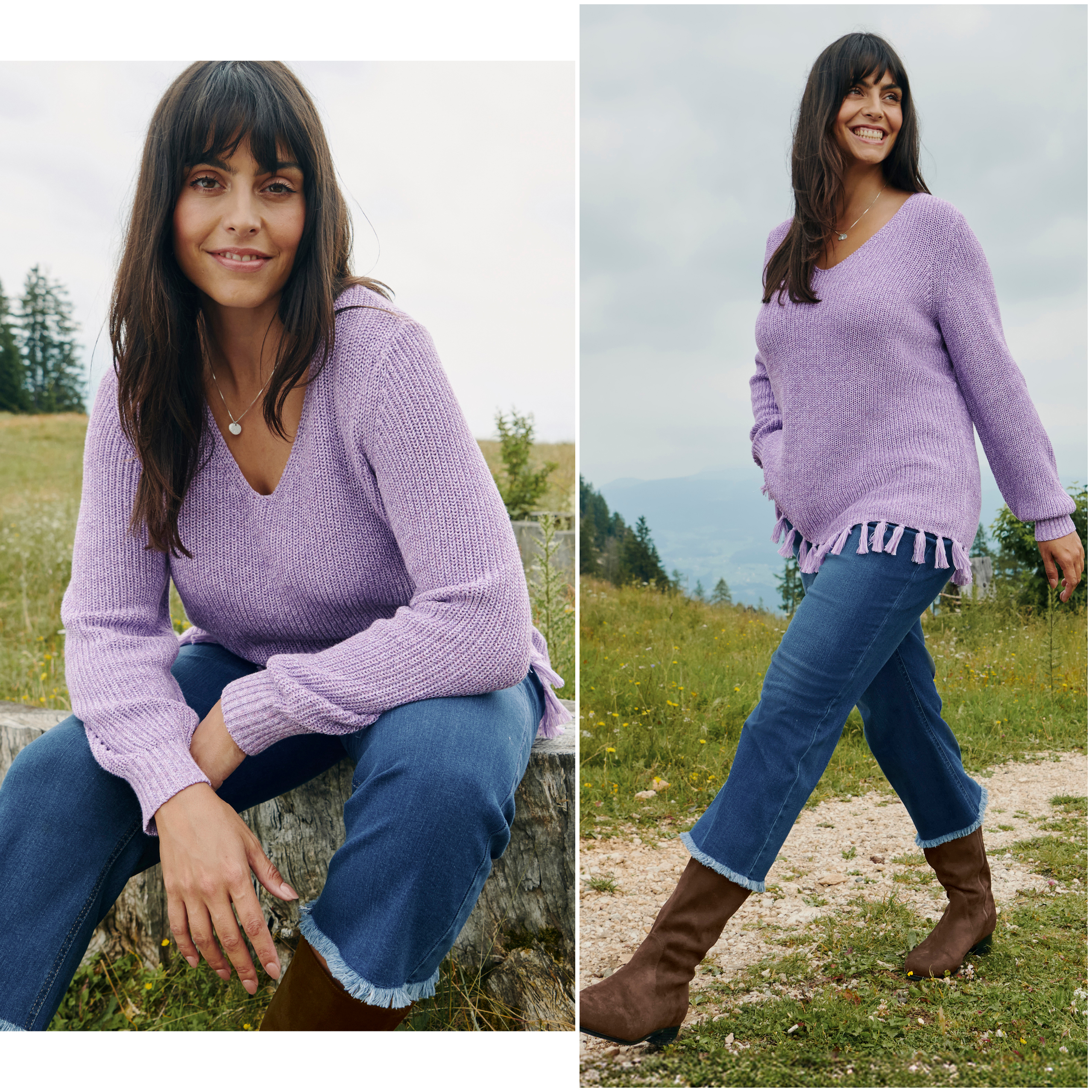 Model mit fliederfarbenem Fransenpulli über verkürzter Jeans mit Fransensaum