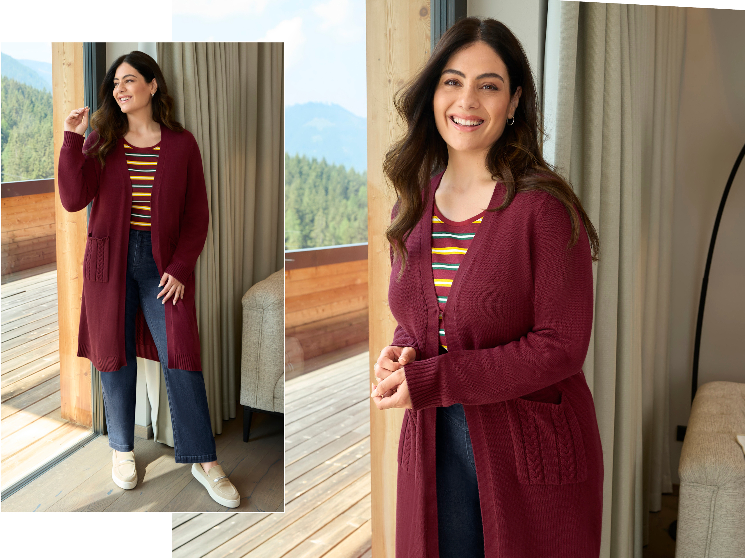 Ein Model trägt eine bordeaux farbene Strickjacke, ein bordeaux-moos-geringeltes Langarmshirt und eine blue-stone-washed Jeans