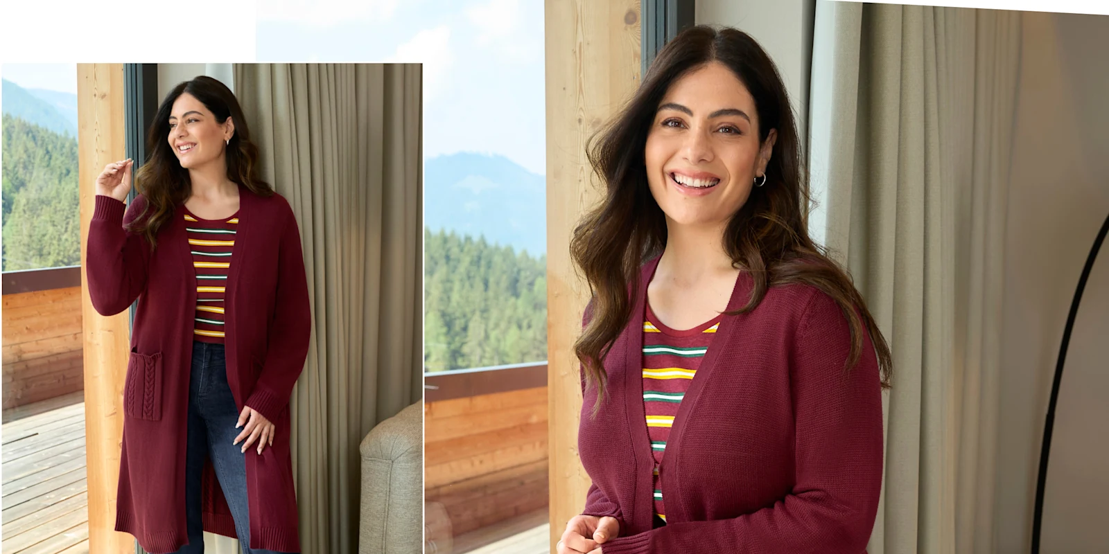 Ein Model trägt eine bordeaux farbene Strickjacke, ein bordeaux-moos-geringeltes Langarmshirt und eine blue-stone-washed Jeans Ein Model trägt eine bordeaux farbene Strickjacke, ein bordeaux-moos-geringeltes Langarmshirt und eine blue-stone-washed Jeans