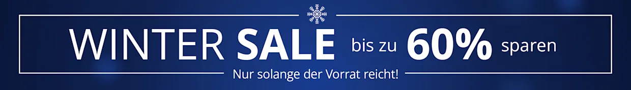 Ein dunkelblauer Werbebanner mit dem Text: Winter Sale, bis zu 60% sparen, nur solange der Vorrat reicht.