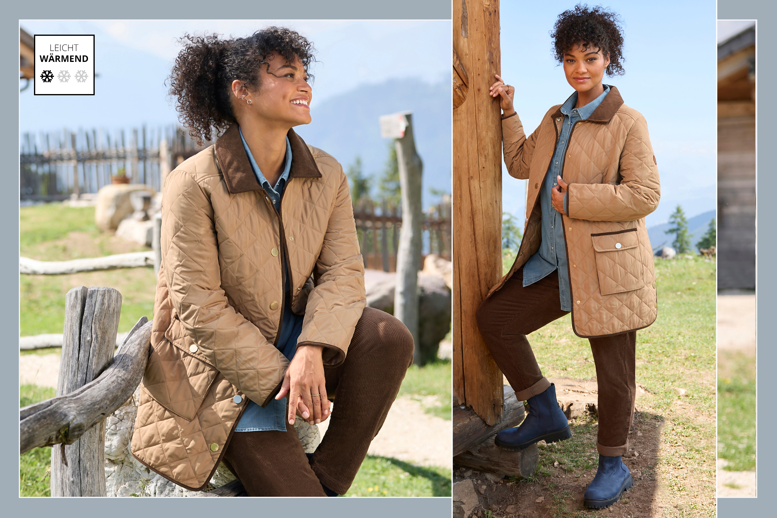 Ein Model trägt eine camel-schoko farbene Steppjacke, eine blue bleached Jeansbluse und eine schoko farbene Cordhose. Daneben eine Vignette mit 1 Schneeflocke: Leicht wärmend.