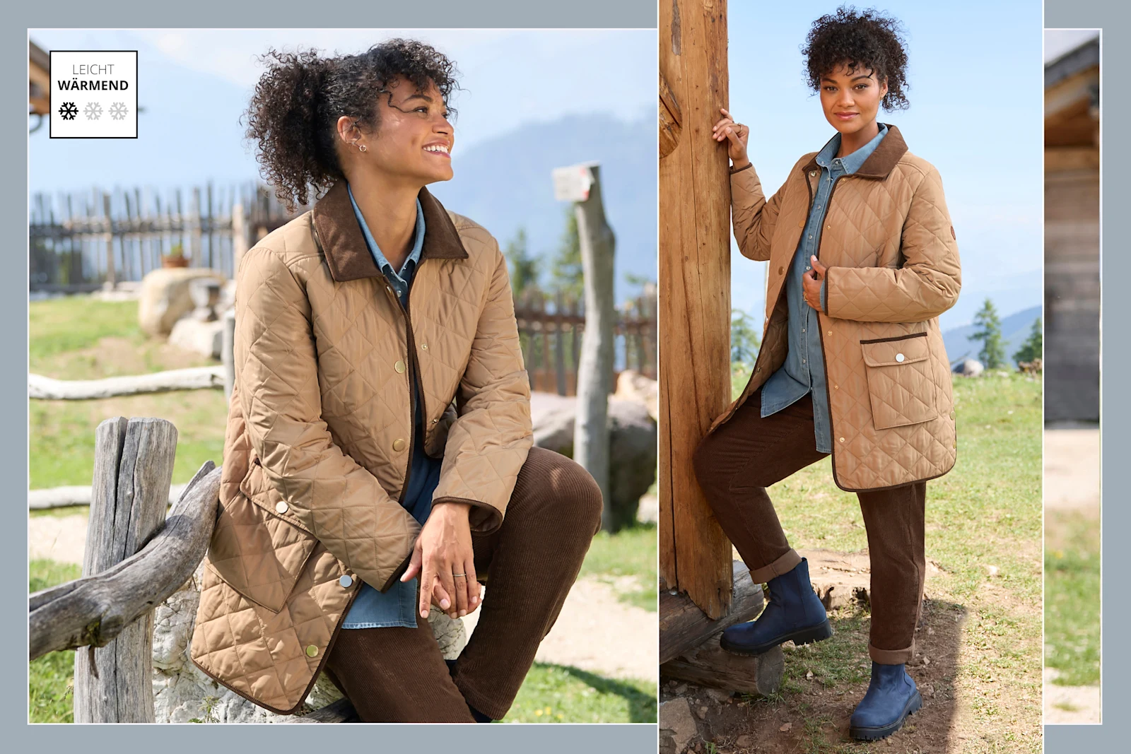 Ein Model trägt eine camel-schoko farbene Steppjacke, eine blue bleached Jeansbluse und eine schoko farbene Cordhose. Daneben eine Vignette mit 1 Schneeflocke: Leicht wärmend.