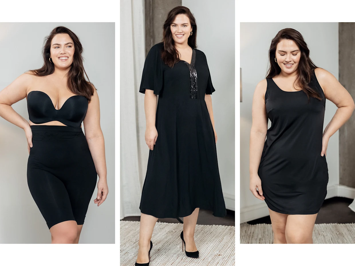 Bildkomposition zeigt ein Model mit Shapingpants, eines mit Unterkleid und eines im Abendkleid, zu dem die Shapewear passt Bildkomposition zeigt ein Model mit Shapingpants, eines mit Unterkleid und eines im Abendkleid, zu dem die Shapewear passt