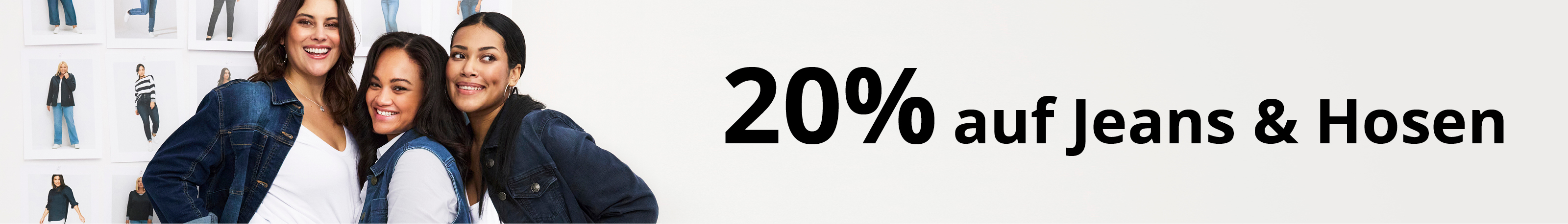 2 (bzw 3) Models stehen zusammen, sie tragen Jeans-Outfits und Jeanshosen in verschiedenen Waschungen. Daneben folgender Text: 20% auf Jeans & Hosen. Code: 75227