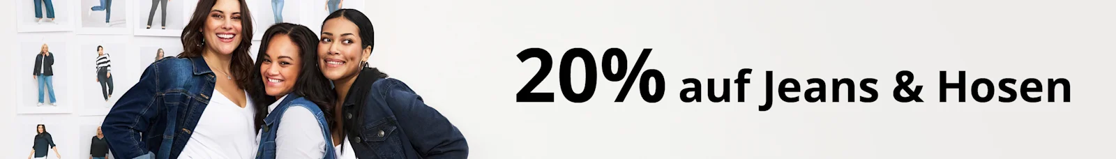 2 (bzw 3) Models stehen zusammen, sie tragen Jeans-Outfits und Jeanshosen in verschiedenen Waschungen. Daneben folgender Text: 20% auf Jeans & Hosen. Code: 75227