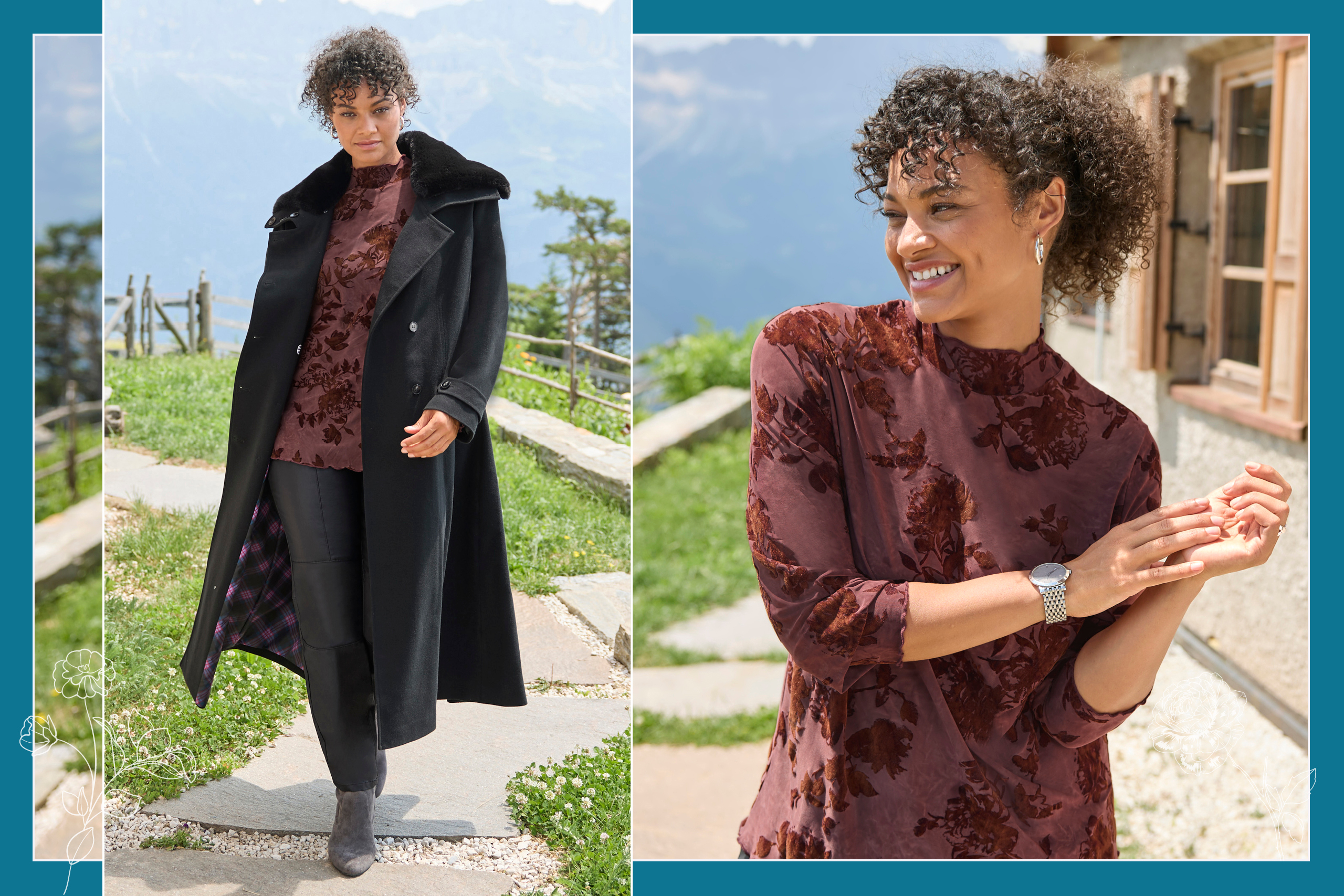 Ein Model trägt einen schwarzen Mantel mit Fellimitat-Kragen, ein burgund-bedrucktes Langarmshirt und eine schwarze Hose
