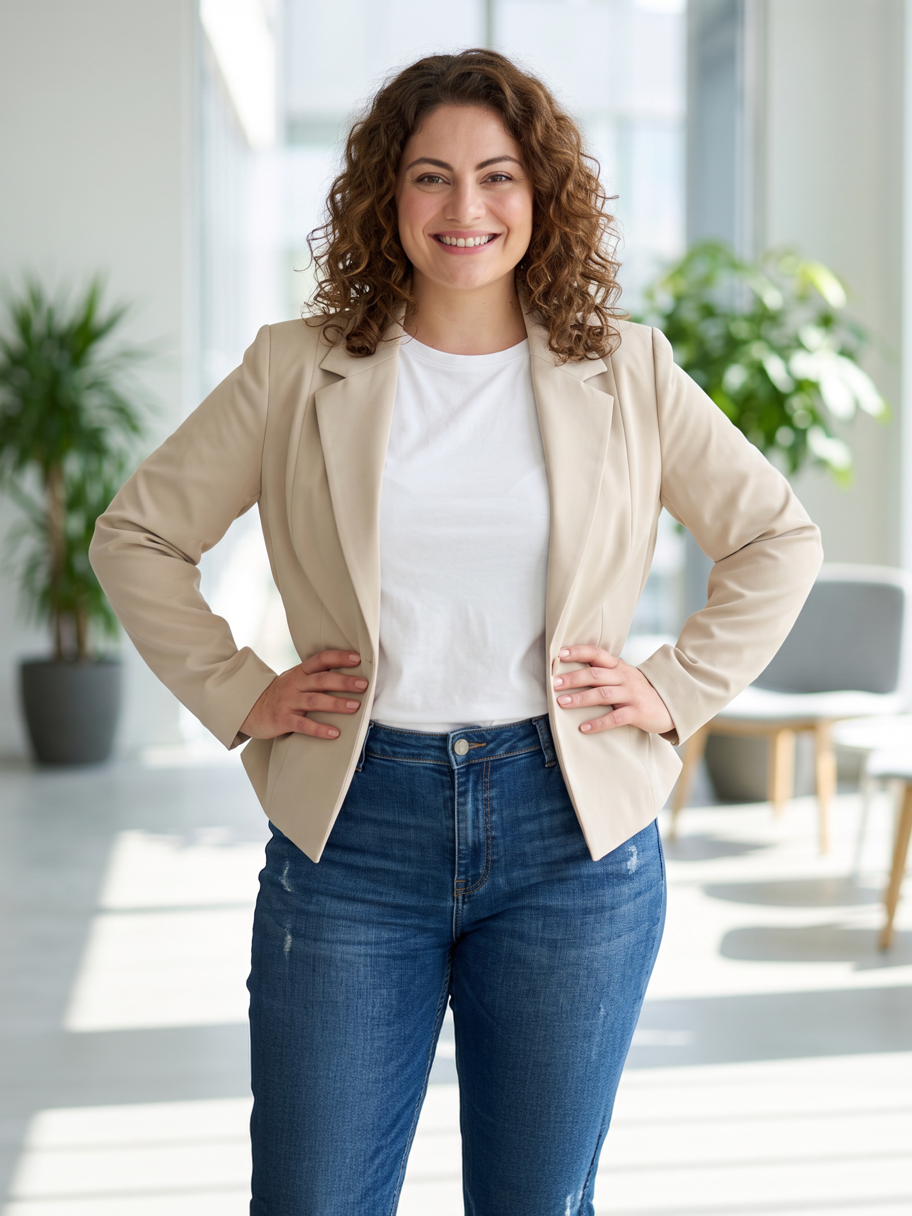 Werbebanner mit lächelnder Frau in sandfarbenem Blazer in einer Büro-Athmosphäre