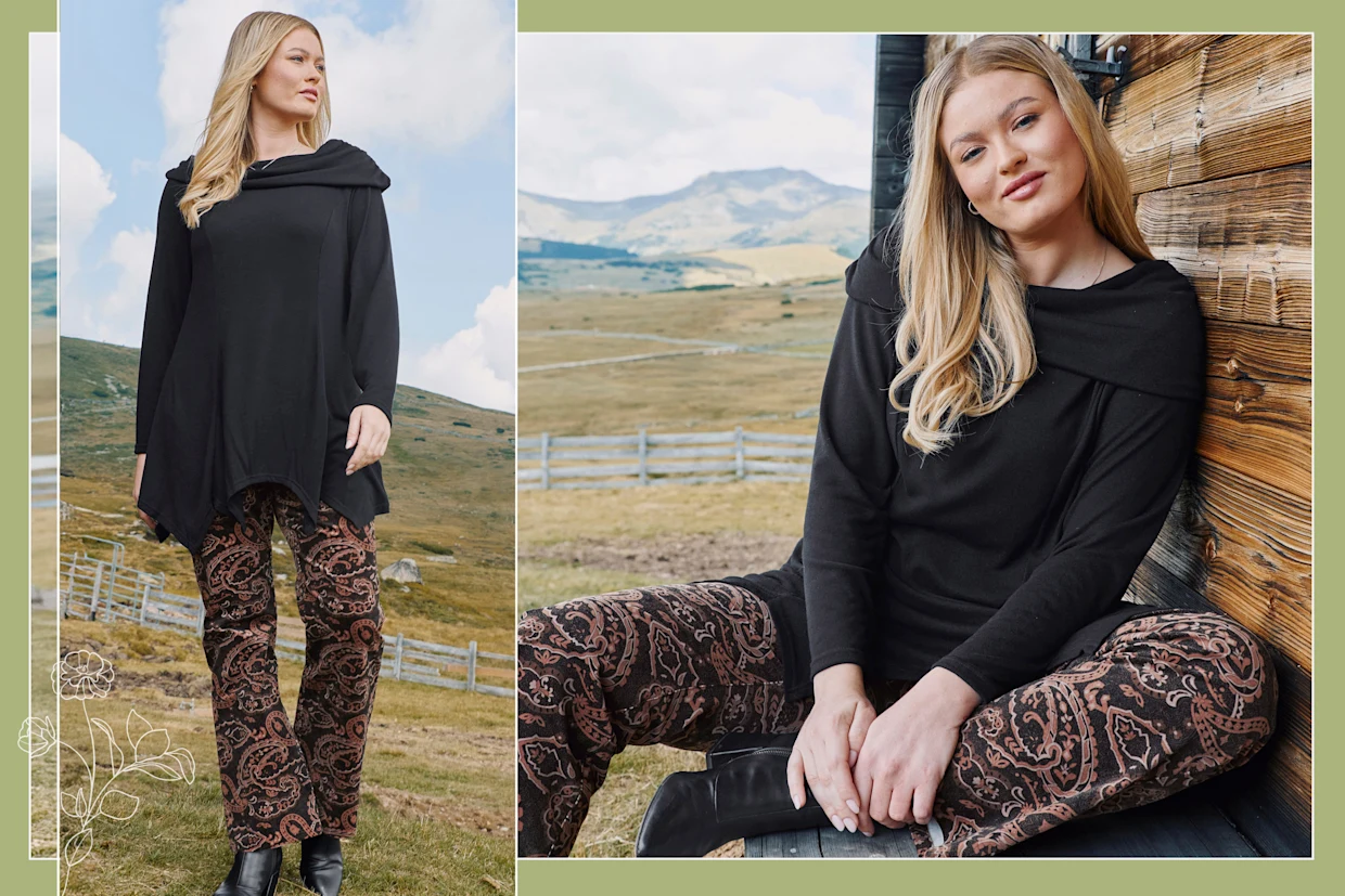 Model mit schwarzem zipfelndem Sweatshirt und Samthose mit Paisleydruck von sheego by Joe Browns Model mit schwarzem zipfelndem Sweatshirt und Samthose mit Paisleydruck von sheego by Joe Browns
