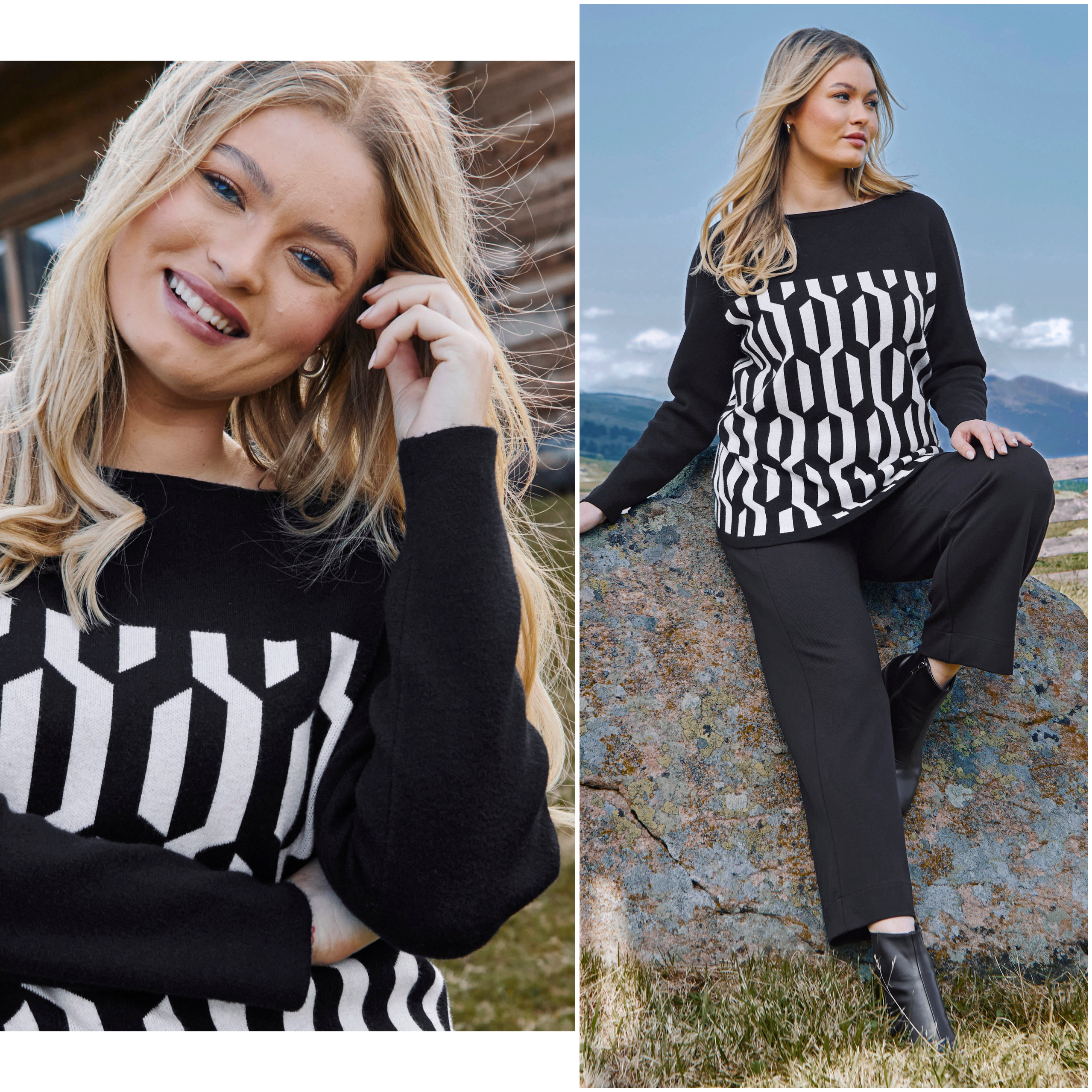 Schwarzer Pullover mit schwarz-weißem graphischen Muster