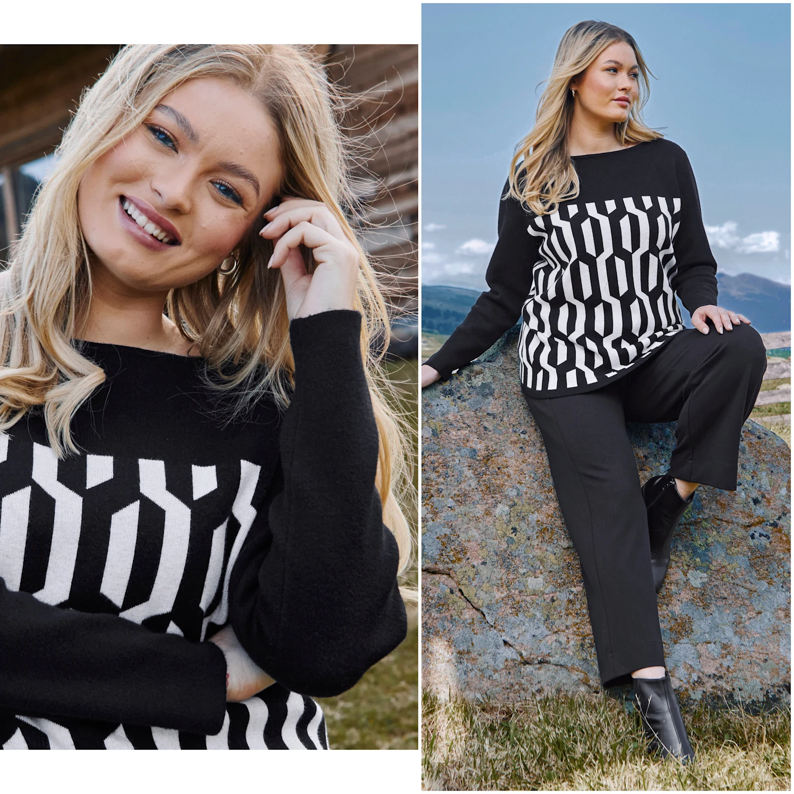 Schwarzer Pullover mit schwarz-weißem graphischen Muster