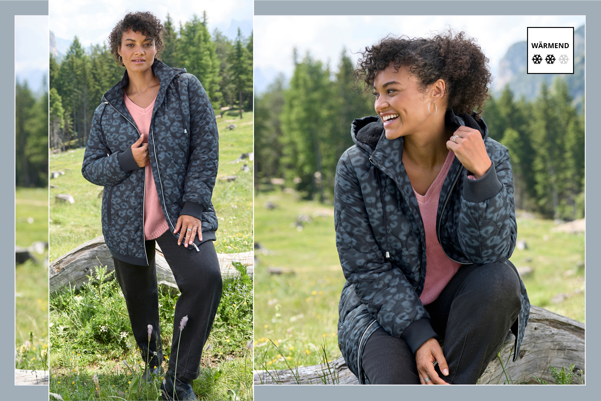 Ein Model trägt eine tiefblau-rauchblau-bedruckte Jacke, einen hortensie-melierten Pullover und eine black denim Jeans. Daneben eine Vignette mit 2 Schneeflocken: Wärmend.
