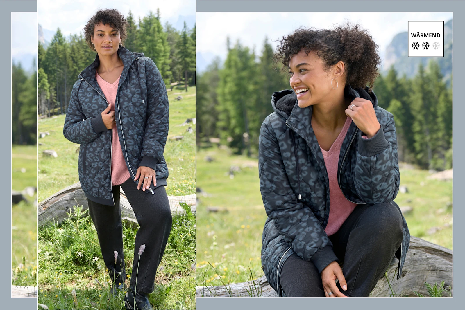 Ein Model trägt eine tiefblau-rauchblau-bedruckte Jacke, einen hortensie-melierten Pullover und eine black denim Jeans. Daneben eine Vignette mit 2 Schneeflocken: Wärmend.