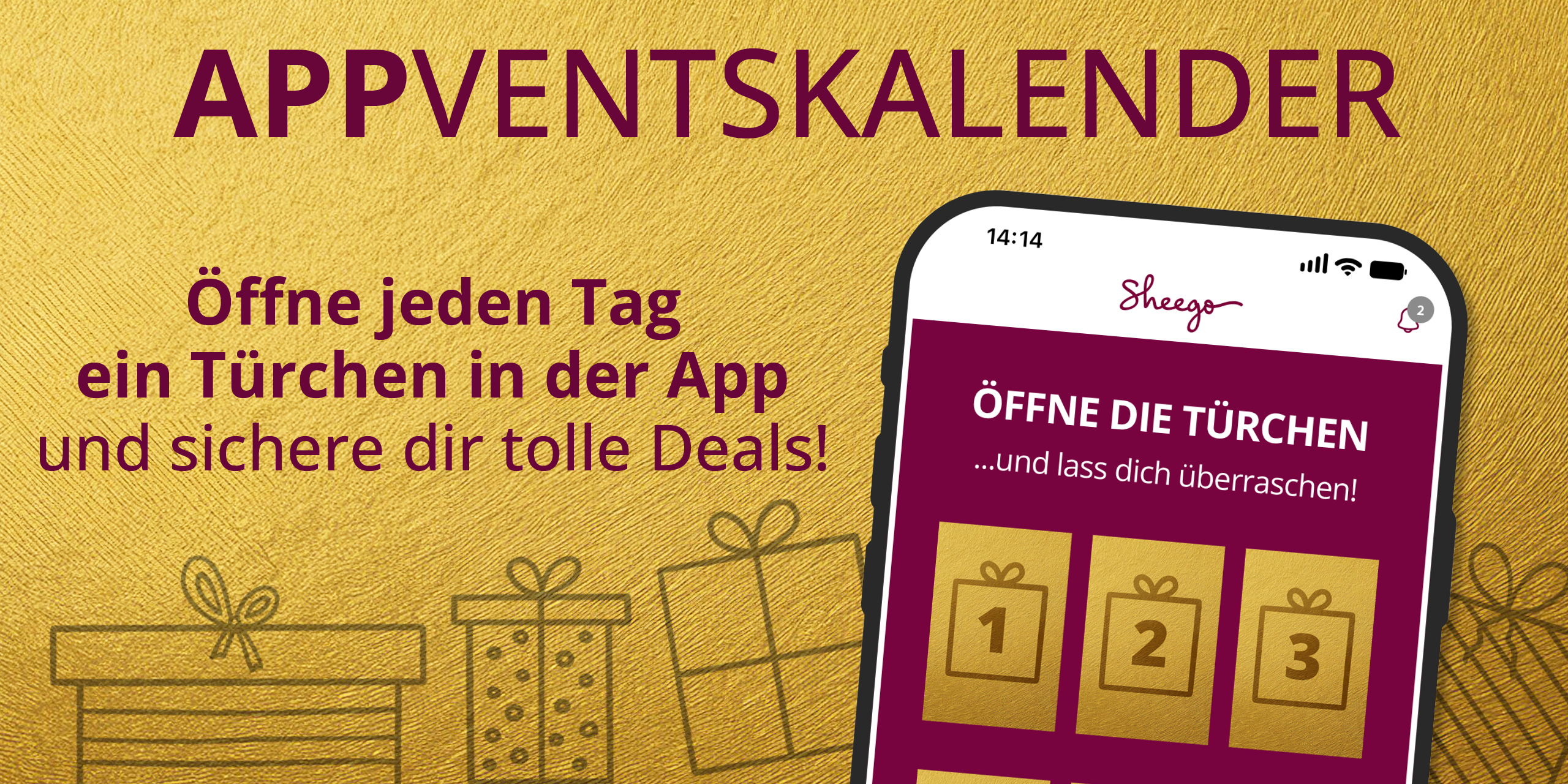 Goldener Werbebanner mit Text: Appventskalender, öffne jeden Tag ein Türchen in der App und sichere dir tolle Deals