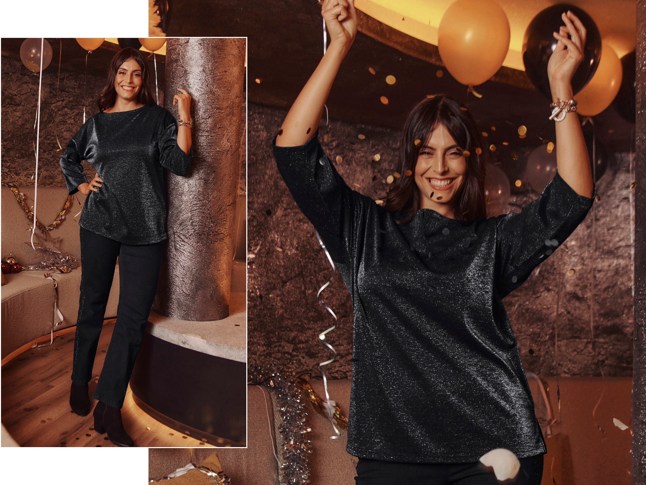 Ein Model in einer einer Party Umgebung trägt ein Sweatshirt mit Glitzergarn und eine schwarze Jeans
mit Blütenstickereien.