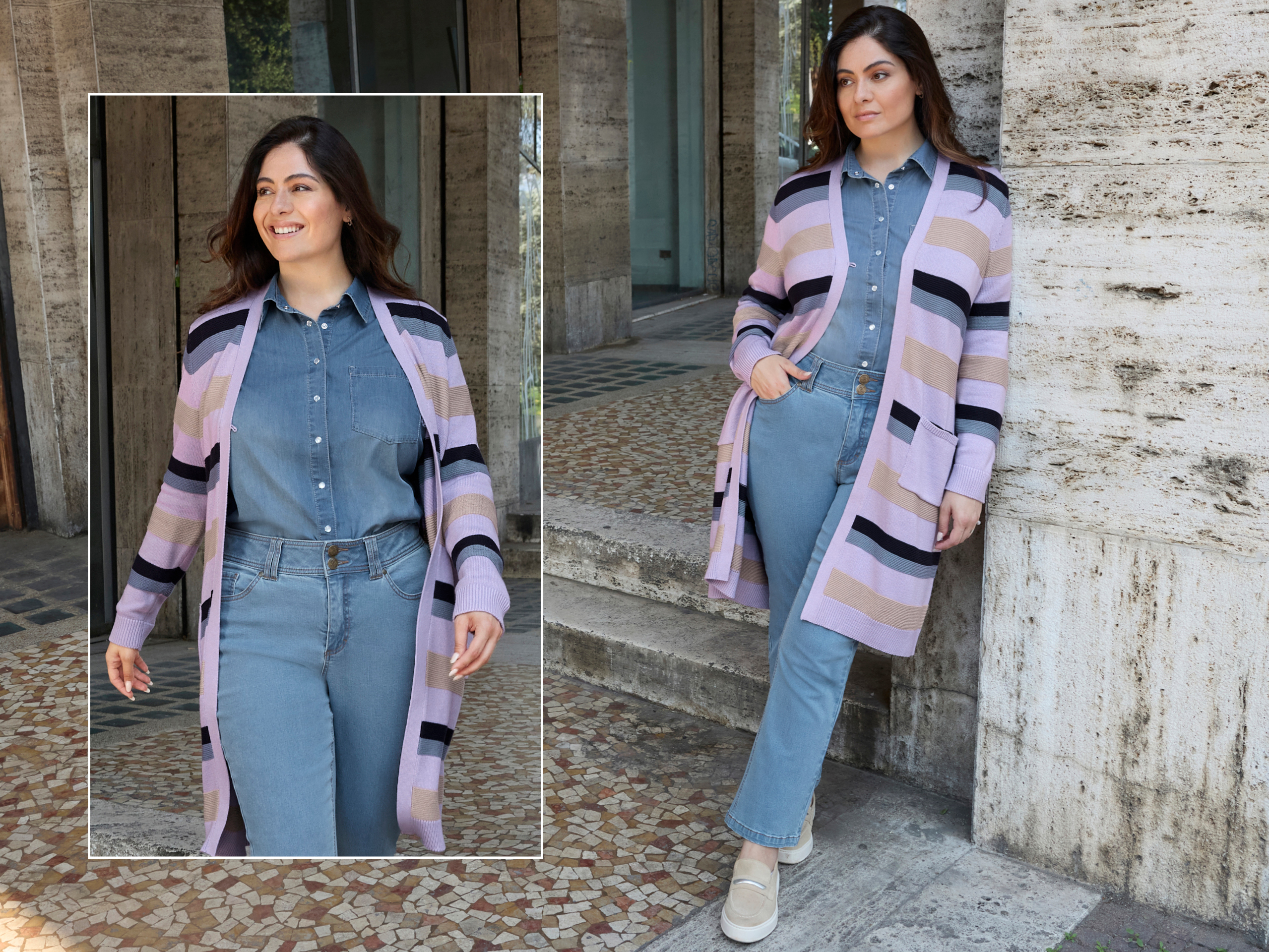 Ein Model trägt einen flieder-taubenblau-geringelt​en Strickmantel​, eine blue-bleached​ Jeansbluse und eine blue bleached MANUELA Jeans