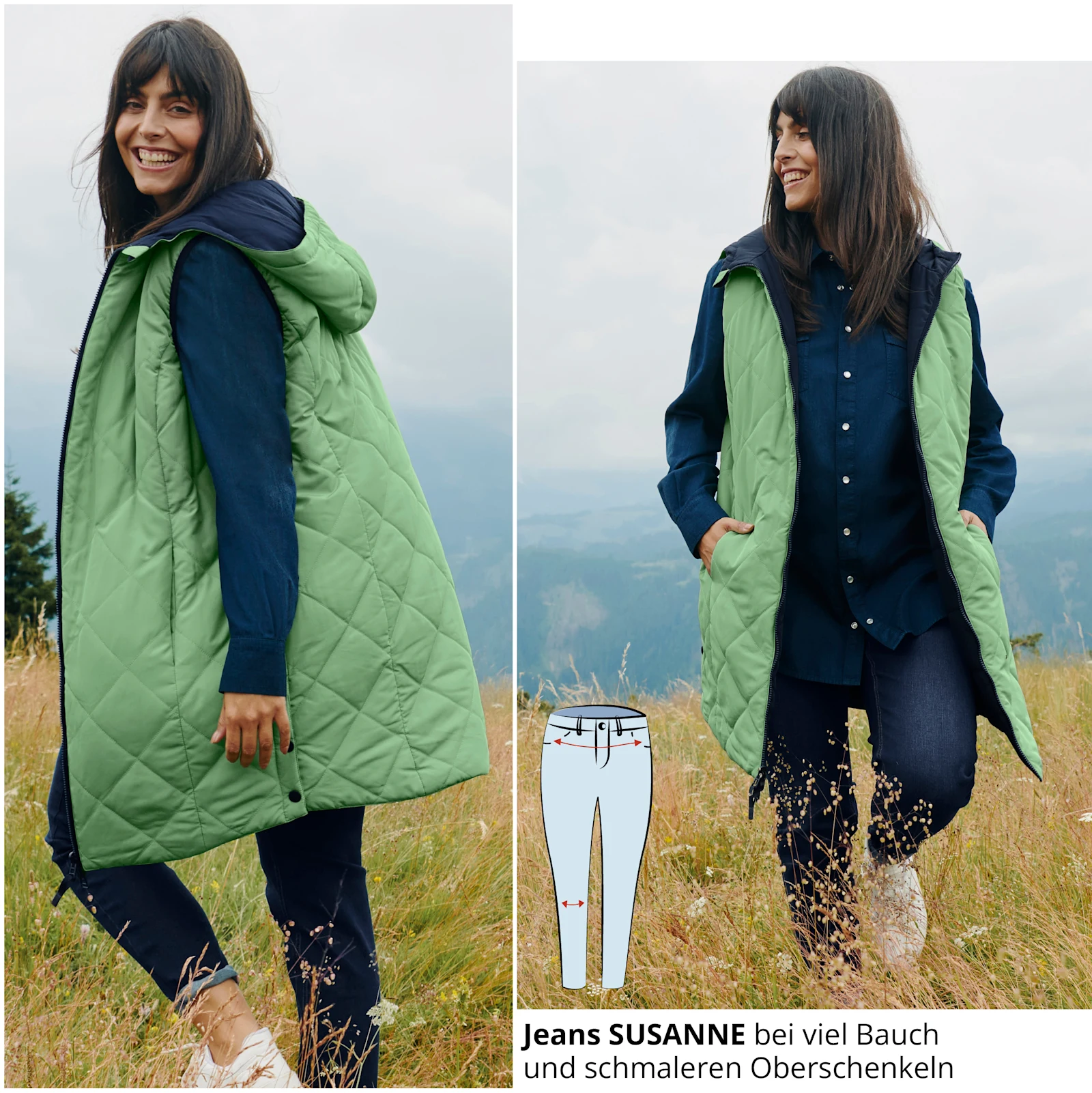 Model mit hellgrüner langer Steppweste über Jeans Susanne, die perfekt bei viel Bauch und schmaleren Oberschenkeln passt Model mit hellgrüner langer Steppweste über Jeans Susanne, die perfekt bei viel Bauch und schmaleren Oberschenkeln passt