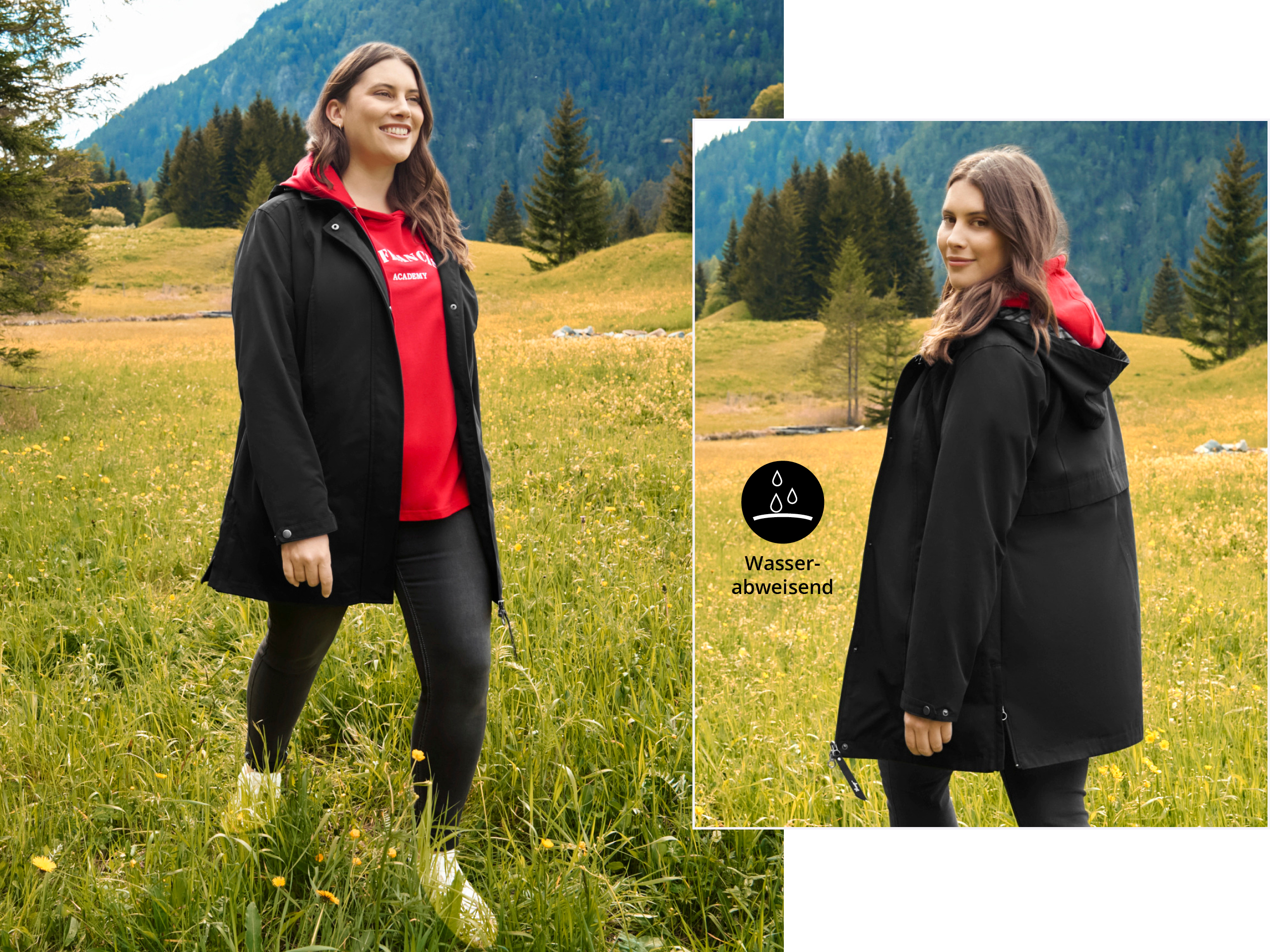 Zwei Abbildungen eines Models auf einer grünen Wiese. Sie trägt eine schwarze wasserabweisende Jacke mit Kapuze, einen roten Hoodie, schwarze Hose und weiße Sneaker. Zusätzlich ist eine Vignette abgebildet, die das wasserabweisende Material darstellt. Darunter das Wort wasserabweisend.