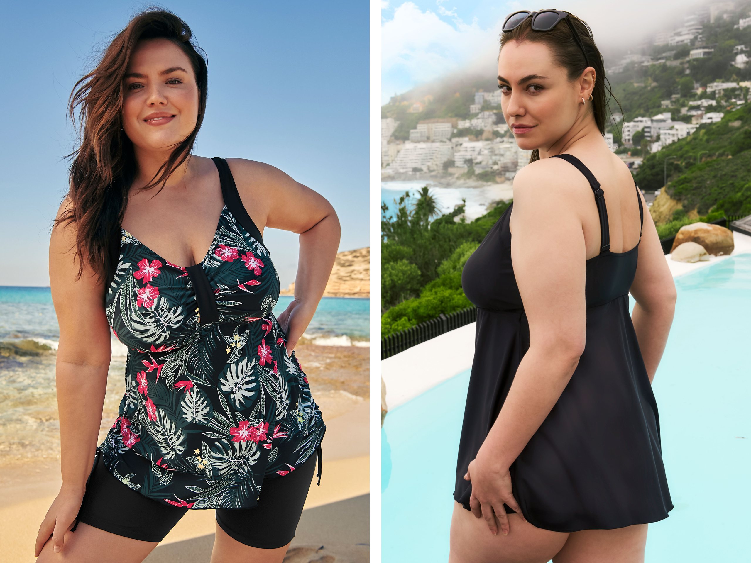 zwei Tankinis nebeneinander, links pink-schwarz geblümt mit schwarzer Bade-Radlerhose, rechts unifarben schwarz