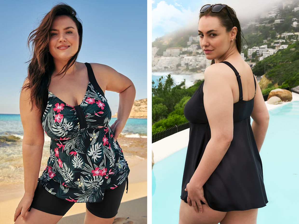 zwei Tankinis nebeneinander, links pink-schwarz geblümt mit schwarzer Bade-Radlerhose, rechts unifarben schwarz