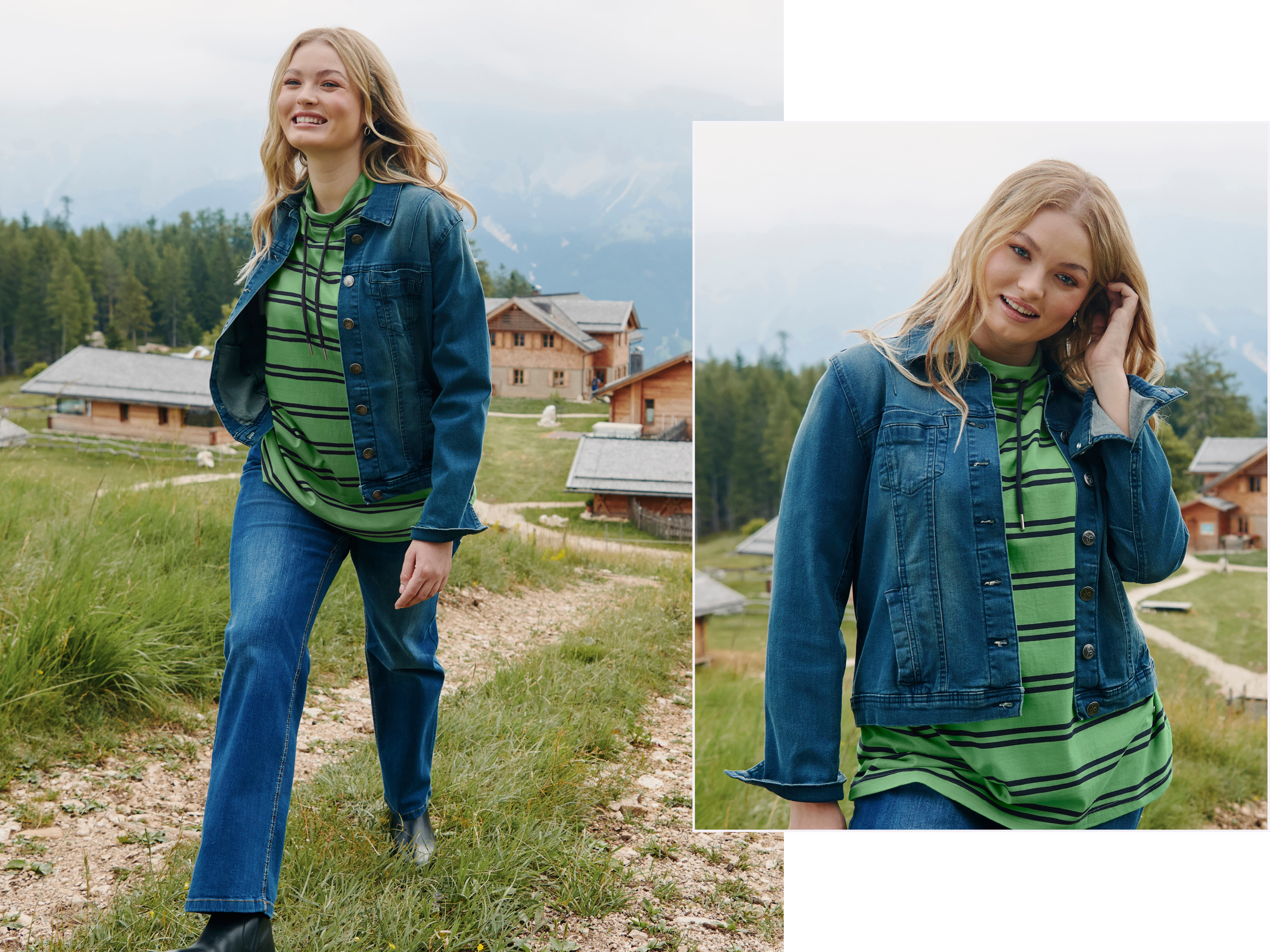 Zwei Abbildungen eines Models, die eine blaue Jeansjacke, grün-schwarz gestreiften Hoodie und blaue Jeans trägt, sie geht auf einem Weg in einer Berglandschaft mit rustikalen Häusern im Hintergrund.
