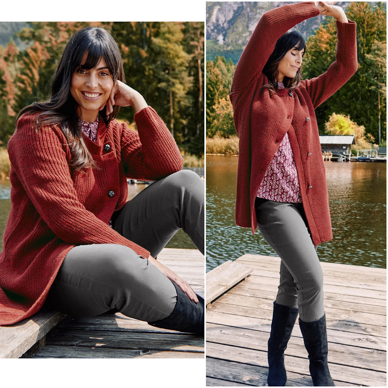 Model mit rotbrauner Strickjacke über gemusterter Tunika und grauer Joggings