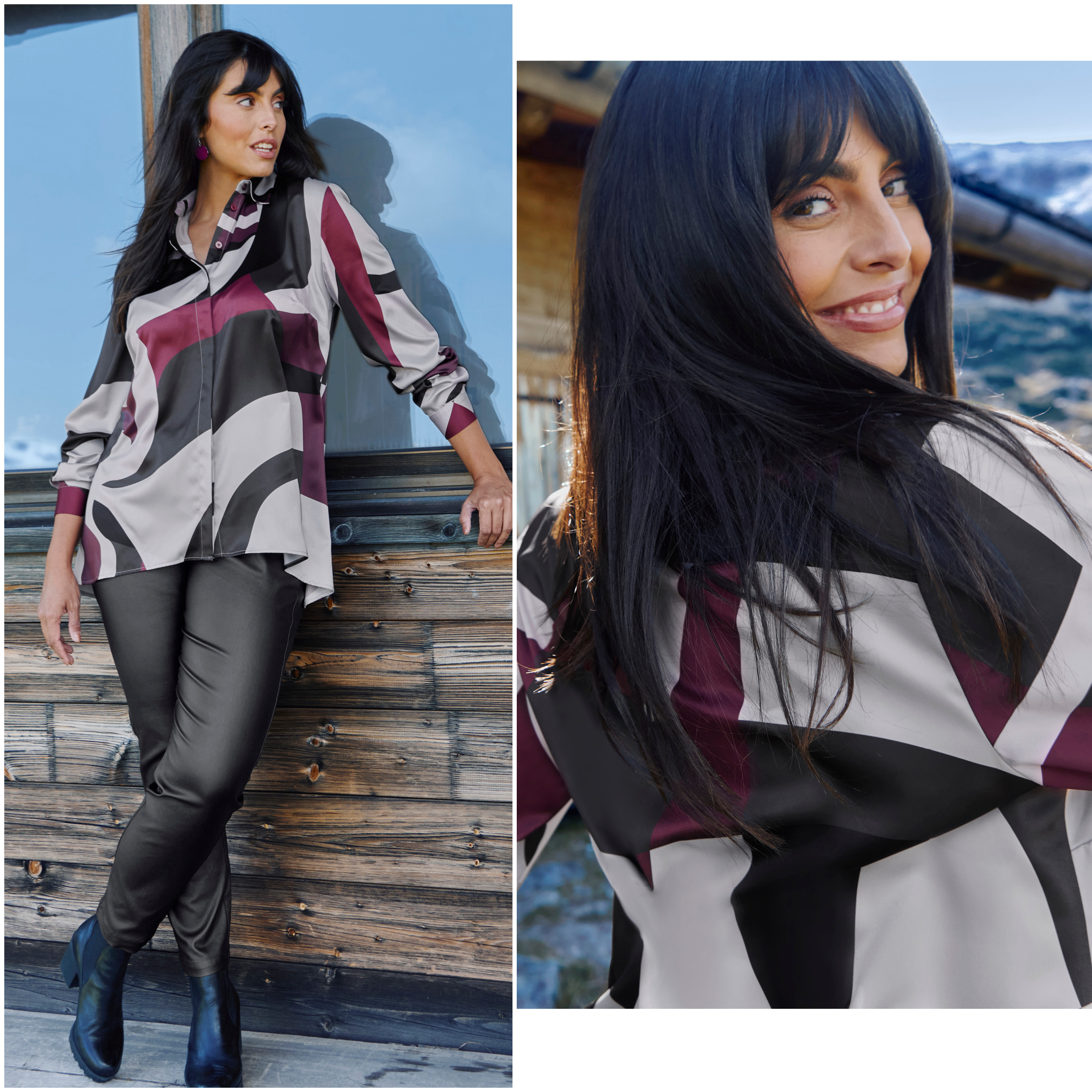 Model in Bluse mit schwarz-grau-auberginefarbenem Graphikmuster