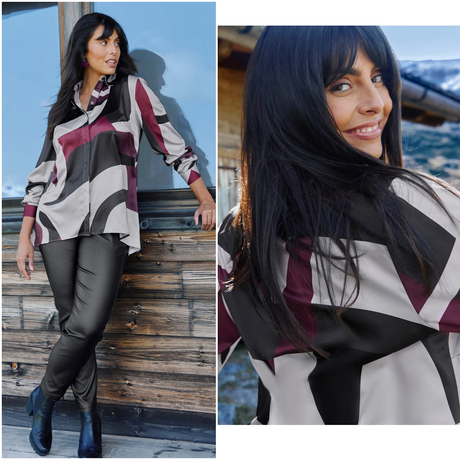 Model in Bluse mit schwarz-grau-auberginefarbenem Graphikmuster