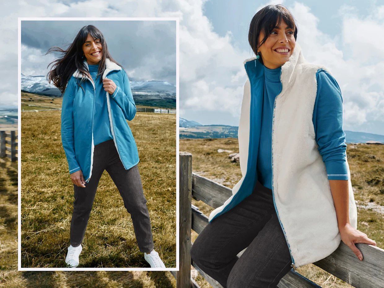 Ein Model auf einer Wiese, sie trägt eine Wendeweste mit Teddyfell. Die Weste ist außen topas-ecru farbig, innen weiß. Darunter trägt sie einen topas-ecru farbenen Rollkragenpullover, eine black denim Jeans und weiße Sneaker. Rechts in der zweiten Abbildung sitzt das Model auf einem Zaun, in einer Nahaufnahme sieht man die gewendeten Weste, nun befindet sich die kuscheligen Teddyfell-Seite aussen.